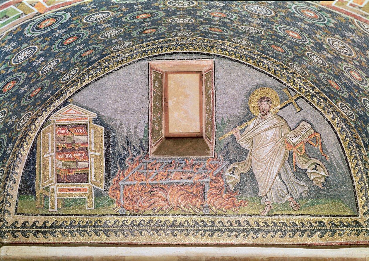 Luultavasti Saint Lawrence, marttyyrikuolemana rautagrilliin (mosaiikki) (yksityiskohta 182913) tekijältä Byzantine School