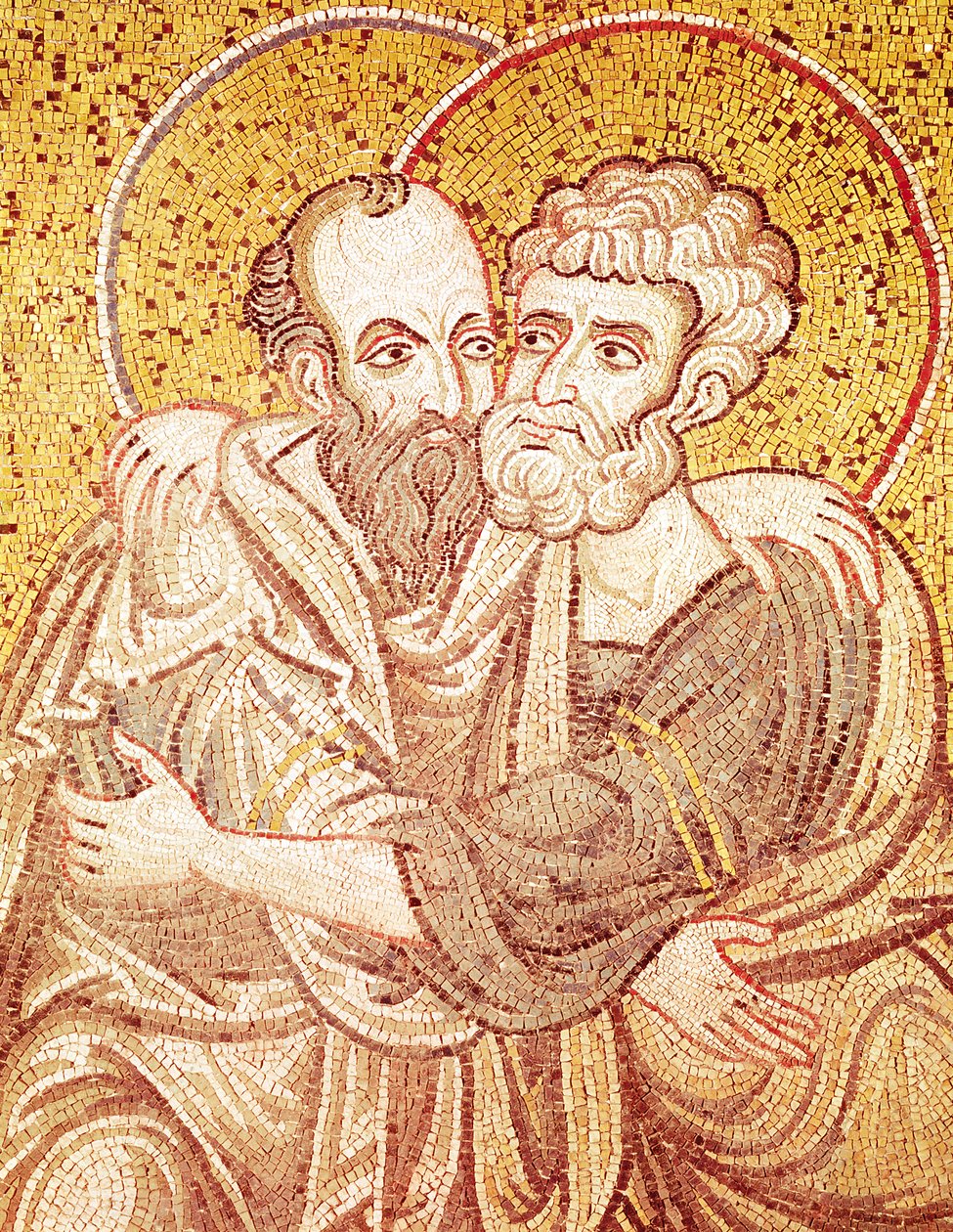 SS. Pietari ja Paavali syleilevät (mosaiikki) tekijältä Byzantine School