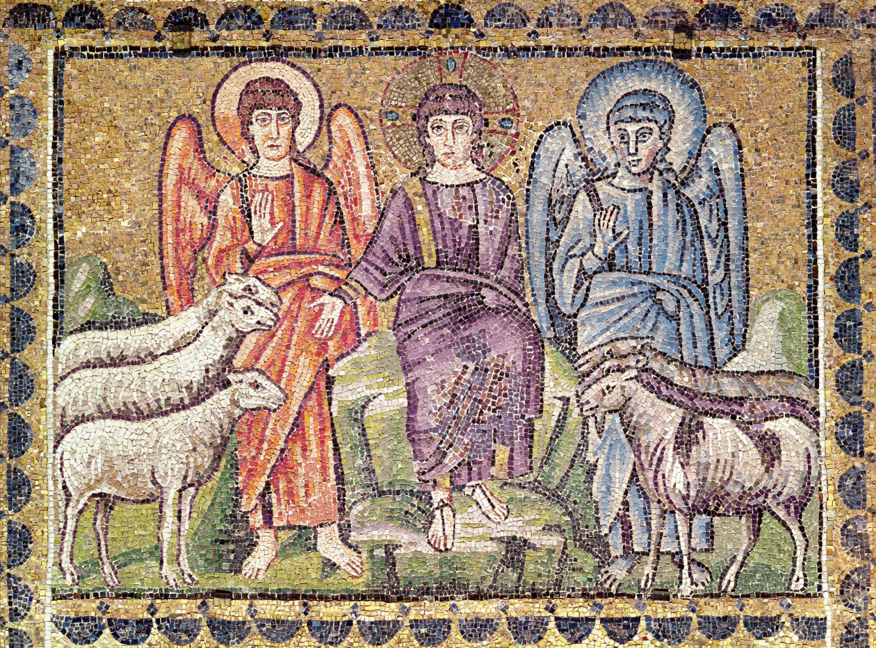 Vertaus hyvästä paimenesta, joka erottaa lampaat vuohista, kohtauksia Kristuksen elämästä (mosaiikki) tekijältä Byzantine School