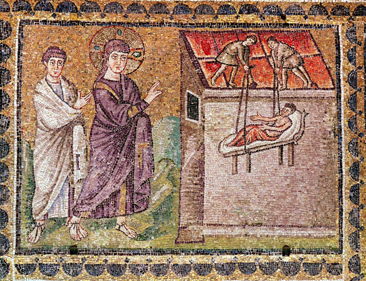 Kafarnaumin paralyytikko lasketaan katolta, kohtauksia Kristuksen elämästä (mosaiikki) tekijältä Byzantine School