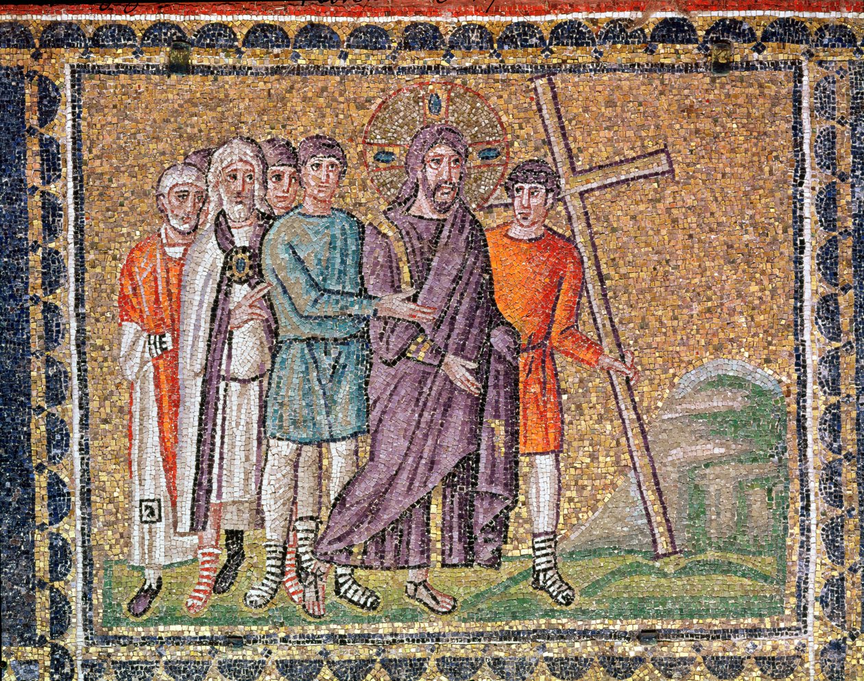 Tie Golgatalle, kohtauksia Kristuksen elämästä (mosaiikki) tekijältä Byzantine School