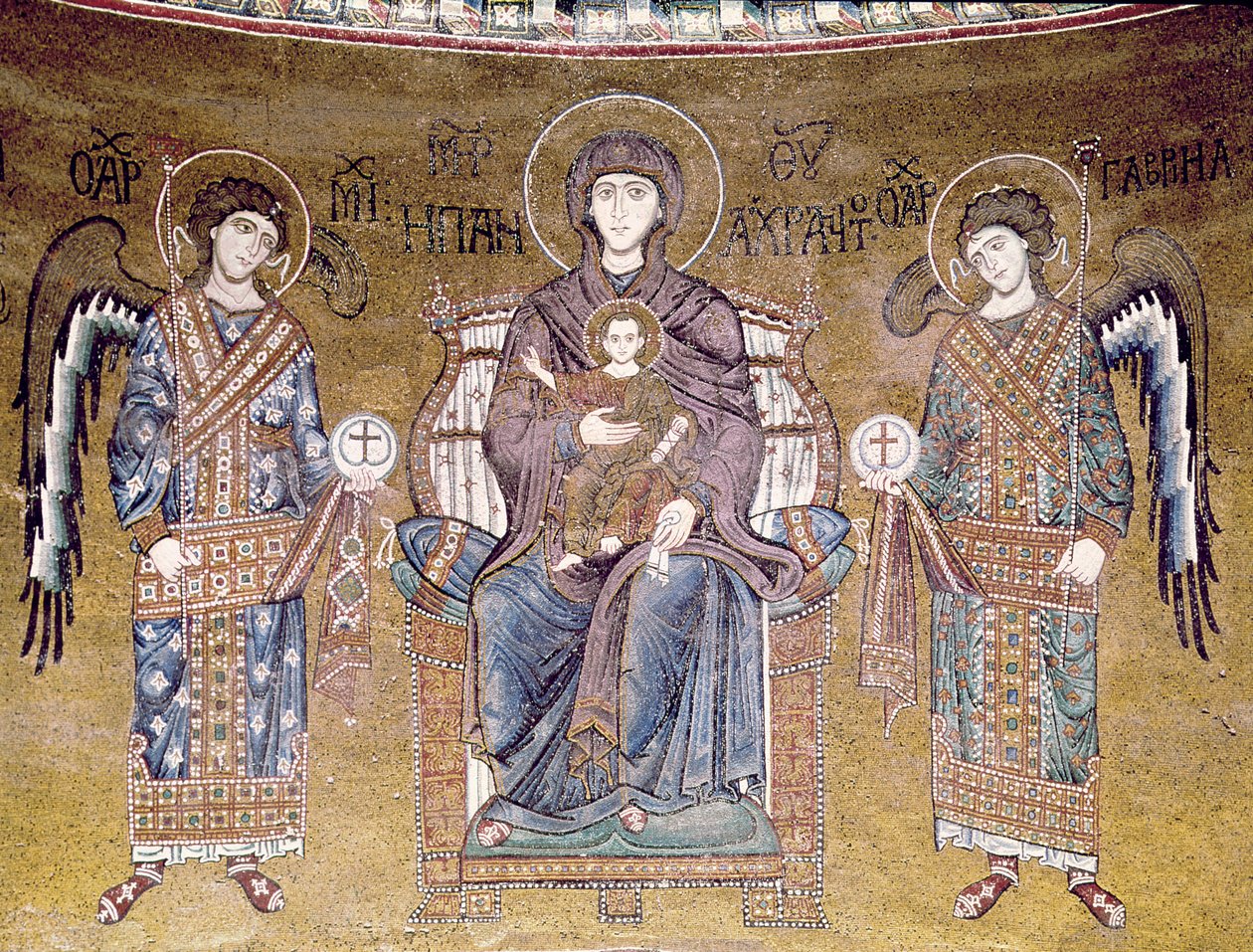 Neitsyt ja lapsi istuivat kahden enkelin välissä, apsisista (mosaiikki) tekijältä Byzantine School
