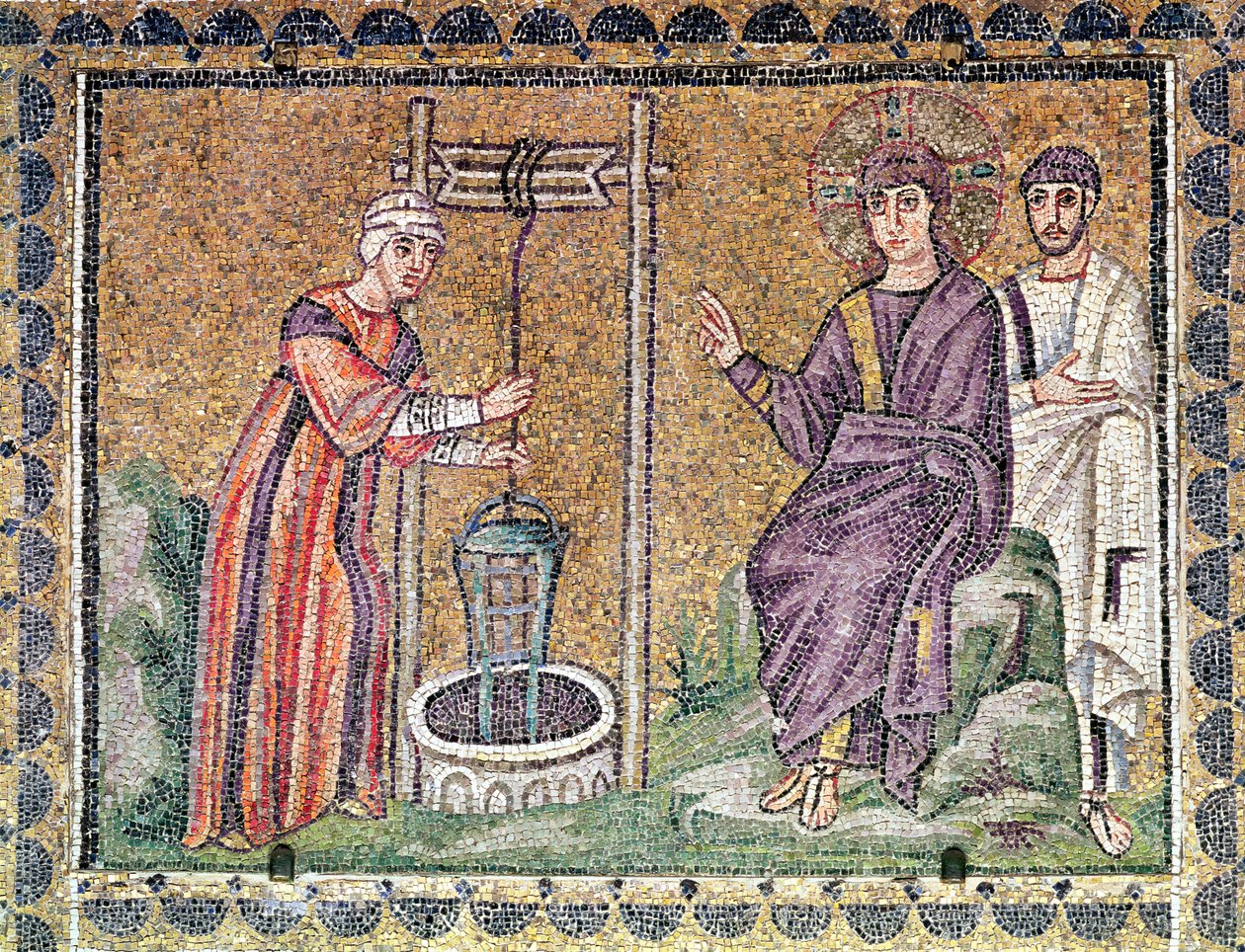 Samarialainen nainen kaivon äärellä, kohtauksia Kristuksen elämästä (mosaiikki) (mosaikki) tekijältä Byzantine School