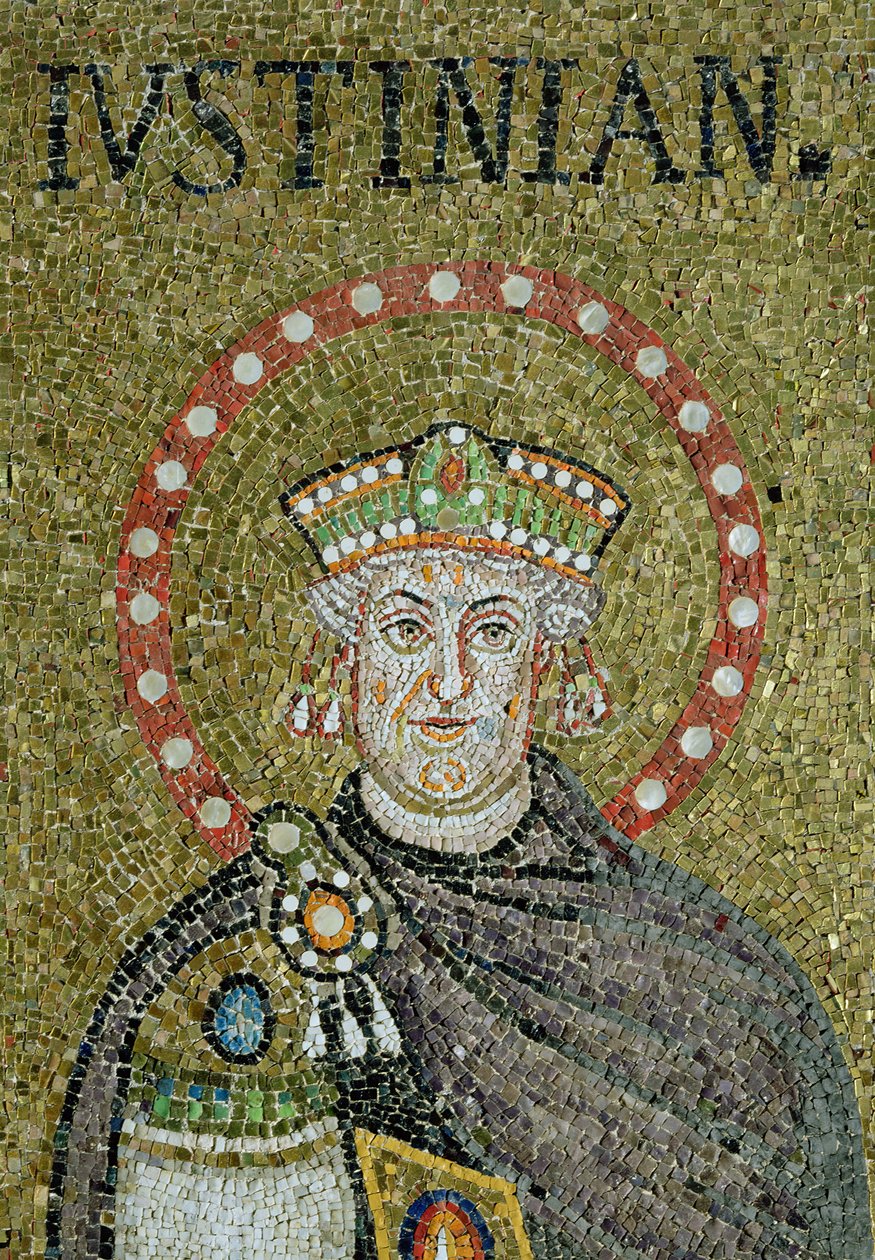 Justinianuksen kasvot (mosaiikki) tekijältä Byzantine School