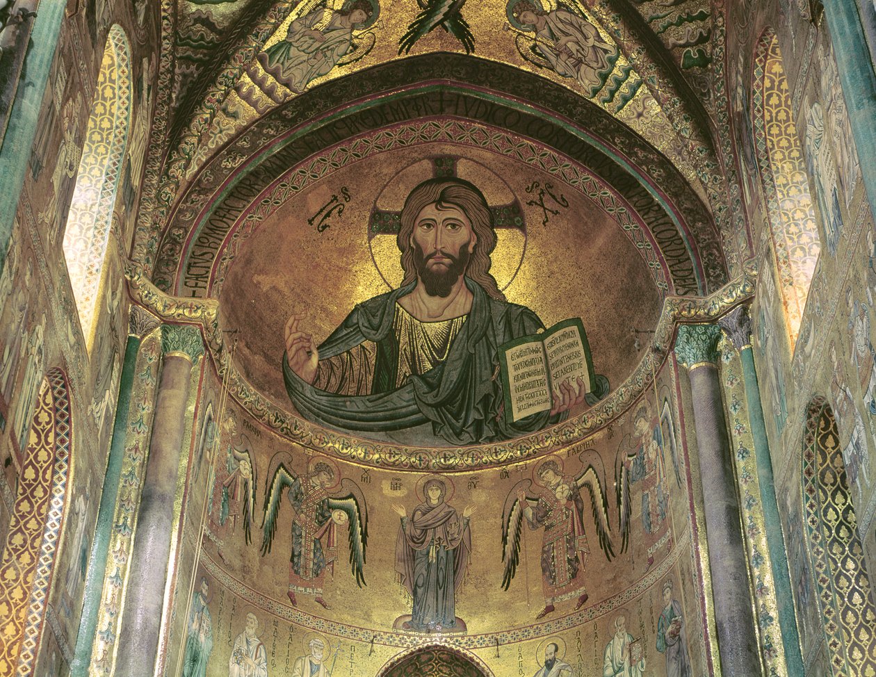 Näkymä apsisista, joka kuvaa Kristusta Pantokraattoria ja Neitsyttä rukouksessa arkkienkelien ympäröimänä, 1148 (mosaiikki) (katso myös 97197) tekijältä Byzantine School