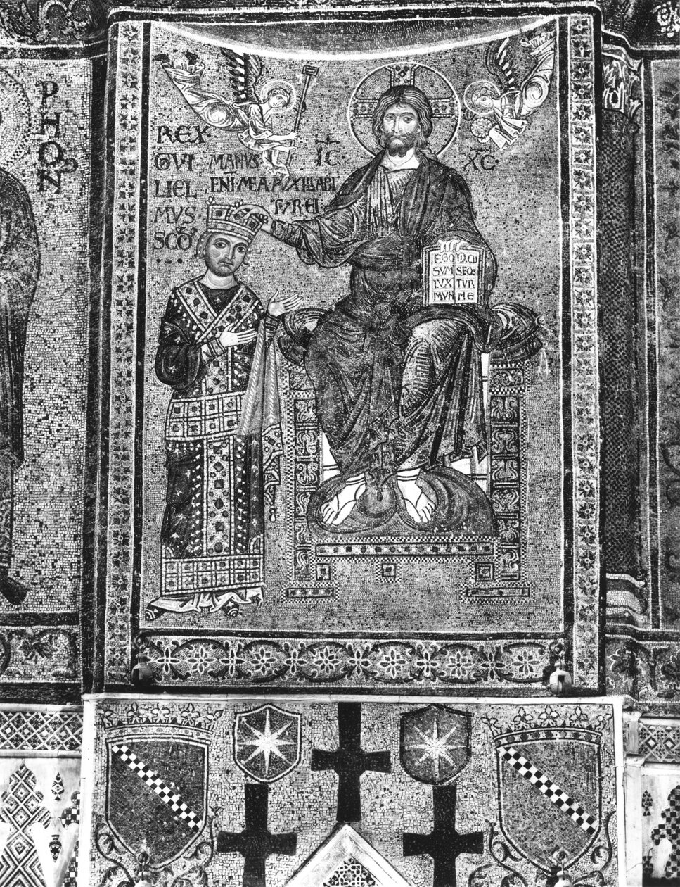 Vilhelm II (1154-89) Sisilian kuningas, joka saa kruunun Kristukselta (mosaiikki) tekijältä Byzantine School