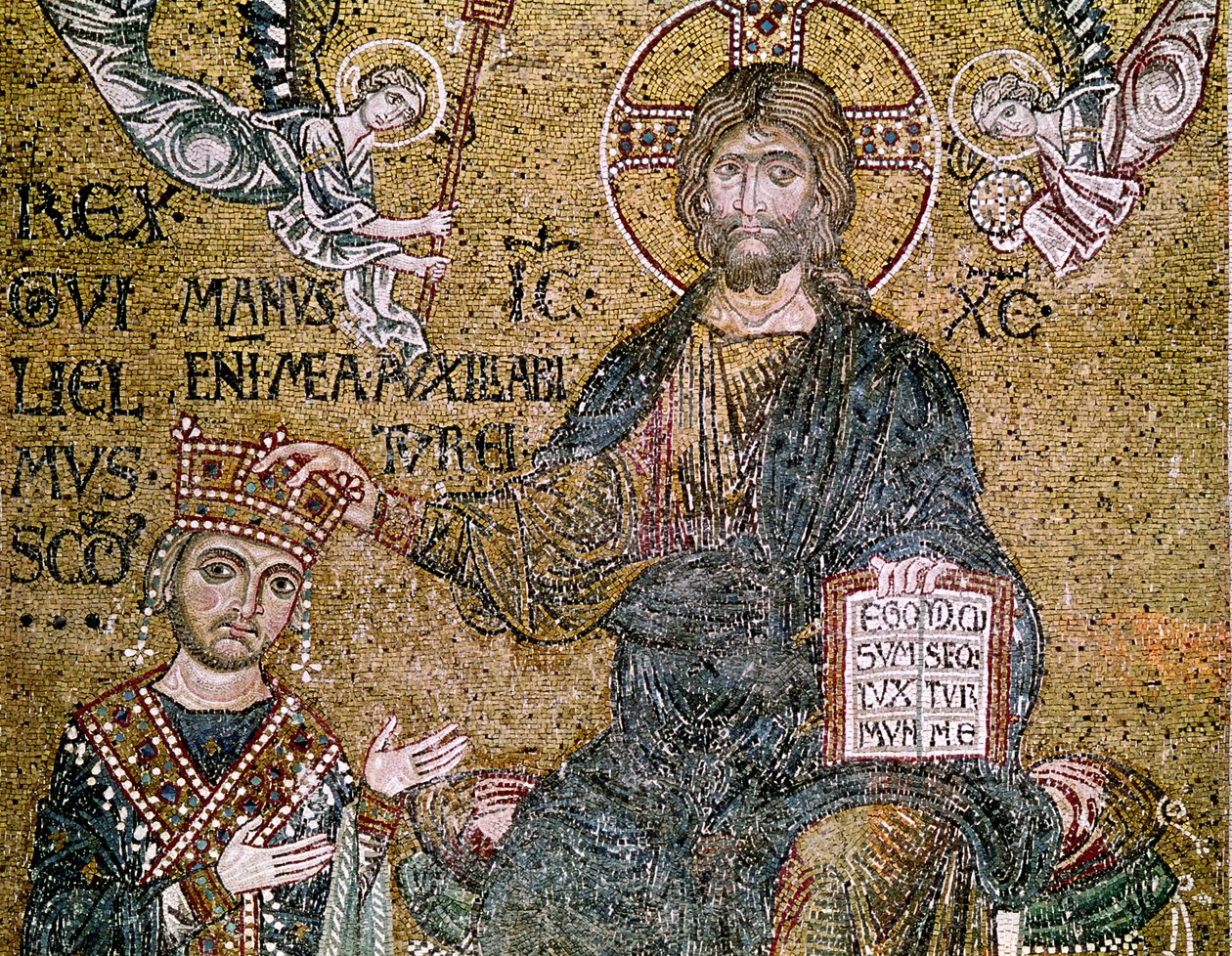 Vilhelm II (1154-89) Sisilian kuningas saa kruunun Kristukselta (mosaiikki). tekijältä Byzantine School