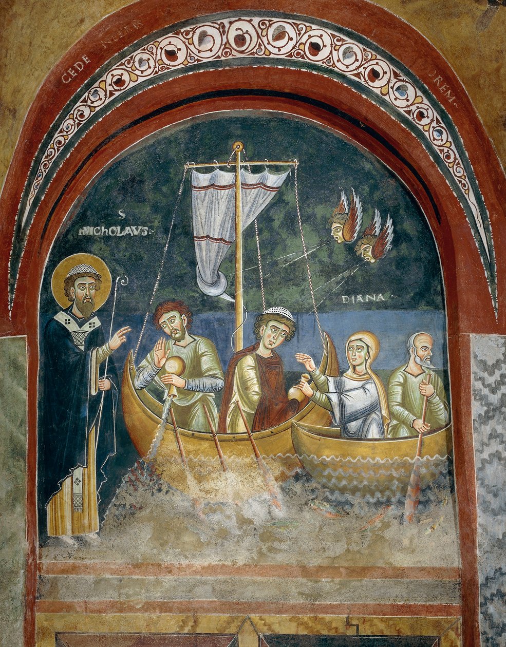 Pyhän Nikolauksen ilmestys haaksirikkoutuneille matkustajille, Yksityiskohta Pyhän Nikolauksen elämän tarinoista, romaaniset freskot bysanttilaiseen tyyliin, 1000-luvun loppu, Pyhän Eldradin ja Pyhän Nikolauksen kappeli, Novalesan luostari, Piemonte, Itali tekijältä Byzantine