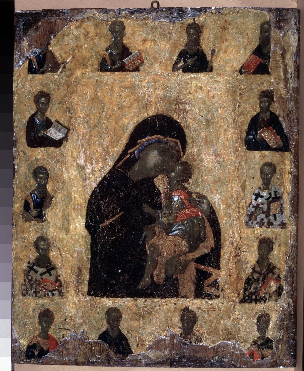 Bysanttilainen taide: "Heluuden neitsyt pyhien kanssa" tai "Eleousan neitsyt" (Neitsyt hellyyden neitsyt pyhien kanssa (Neitsyt Eleusa) 1300-luvun ikoni Eremitaašimuseo, Pietari (Pietari) tekijältä Byzantine