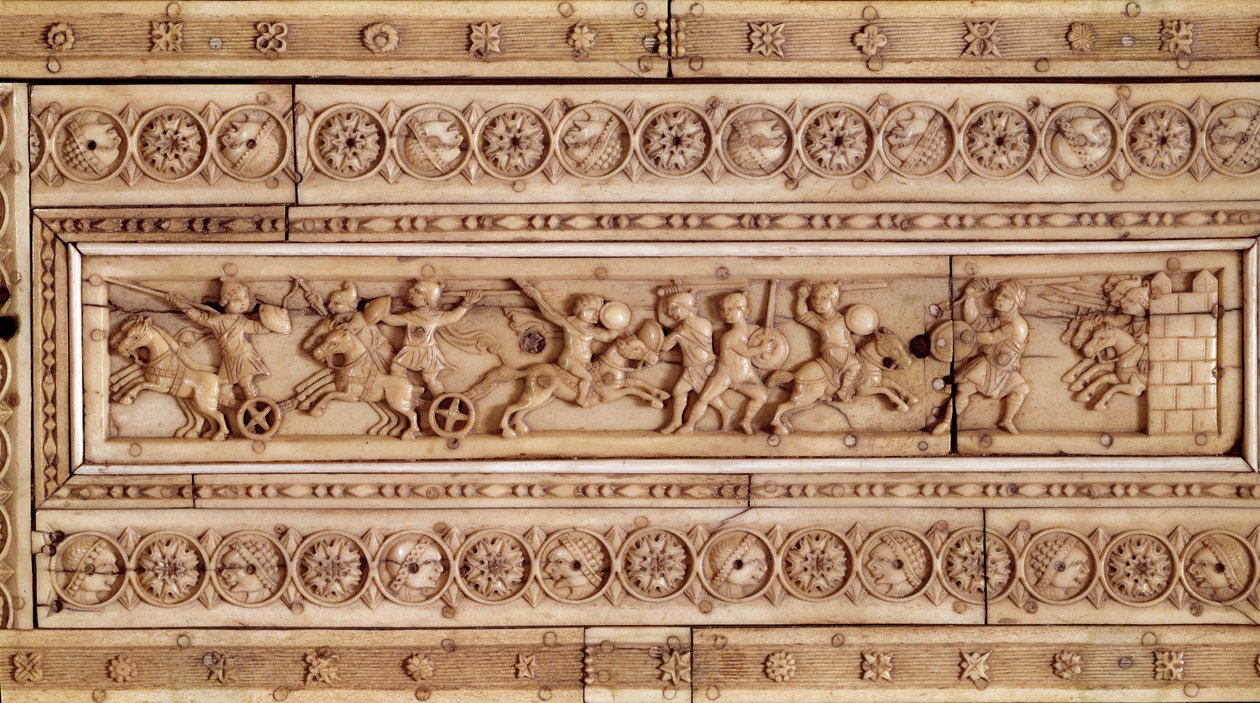 Bysantin valtakunnan taide: taistelukohtaus. Norsunluiset helpotussukat. Laatikon yläosa (10. vuosisata). Musee Cluny, Pariisi. tekijältä Byzantine
