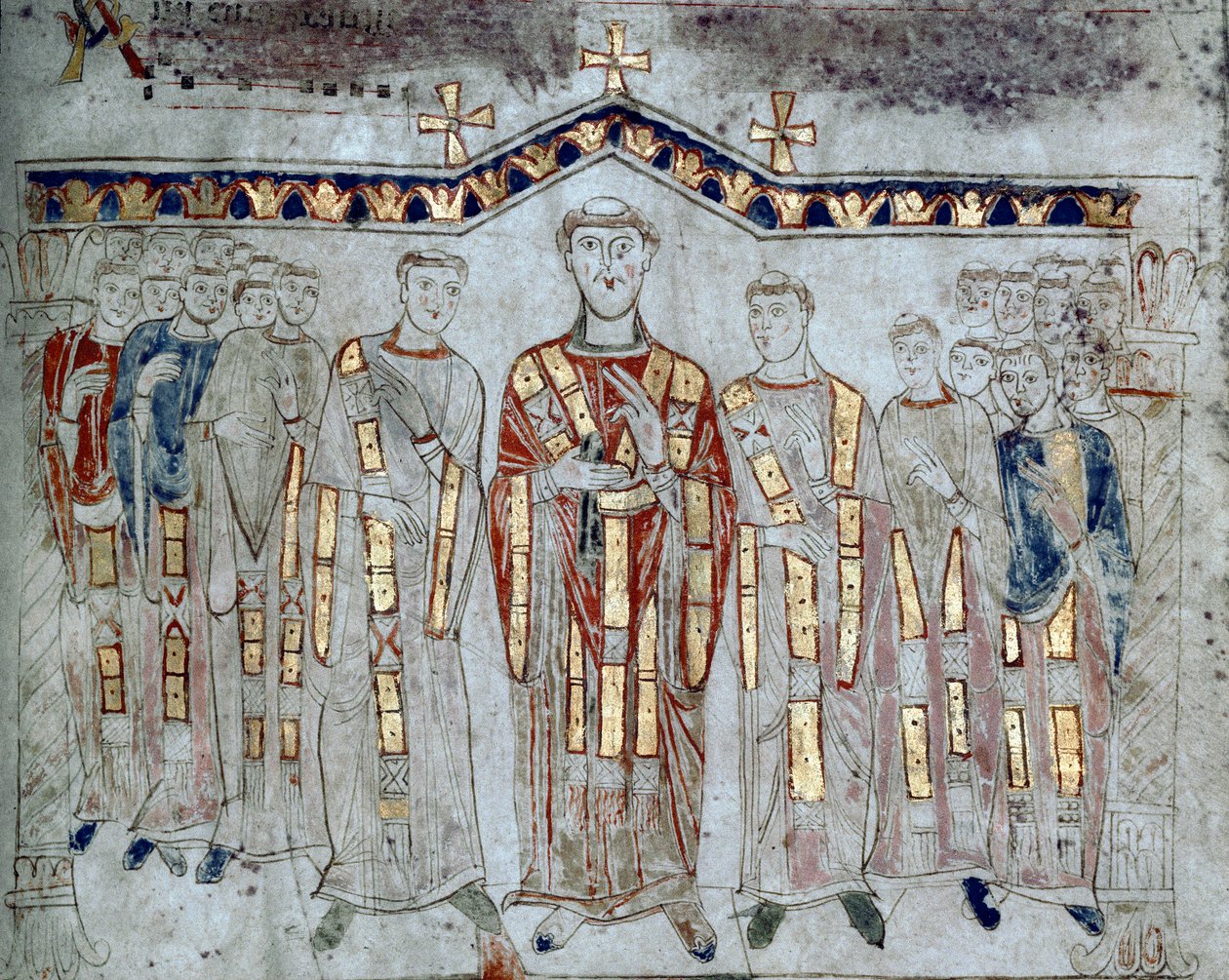 Bysanttilainen taide: "" Gaeten (Gaetan) katedraalin katedraalin osasto, joka koostuu eveistä ja diakoneista"" Miniatyyri otettu "Exultetista"" 1000-luvun alusta Museo Diocesano, GaETA tekijältä Byzantine