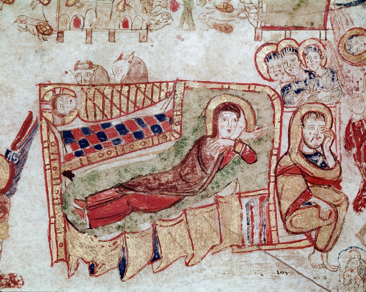 Bysanttilainen taide: "" Syntymä ja julistus paimenille"" Miniatyyri otettu "" Exultetista"" 1000-luvun alusta Museo Diocesano, Gaeta tekijältä Byzantine