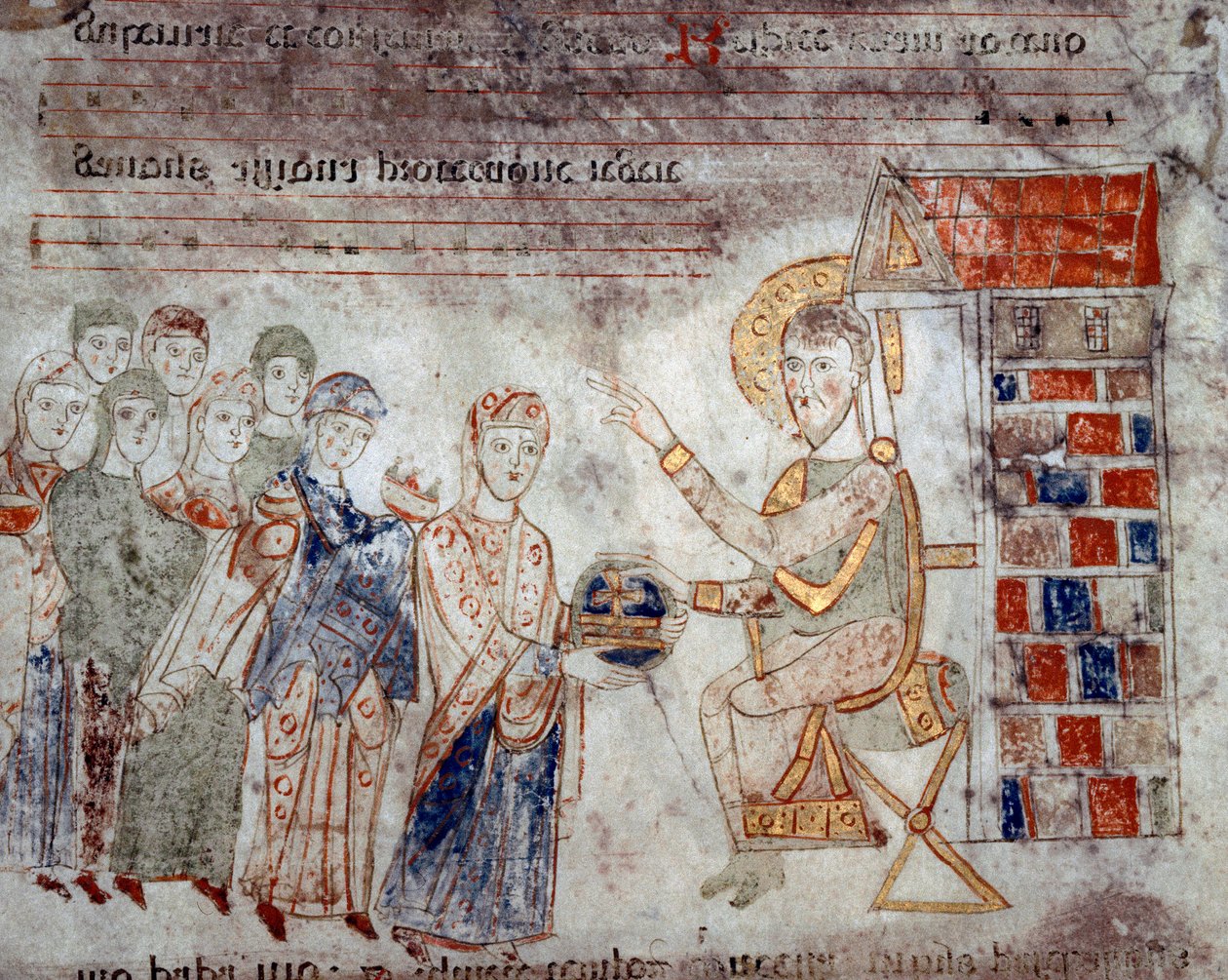 Bysantin taide: "" Eri imperiumien edustajat kunnioittavat Kristusta uhreilla"" Miniatyyri "Exultetista"" 1000-luvun alusta Museo Diocesano, Gaeta tekijältä Byzantine