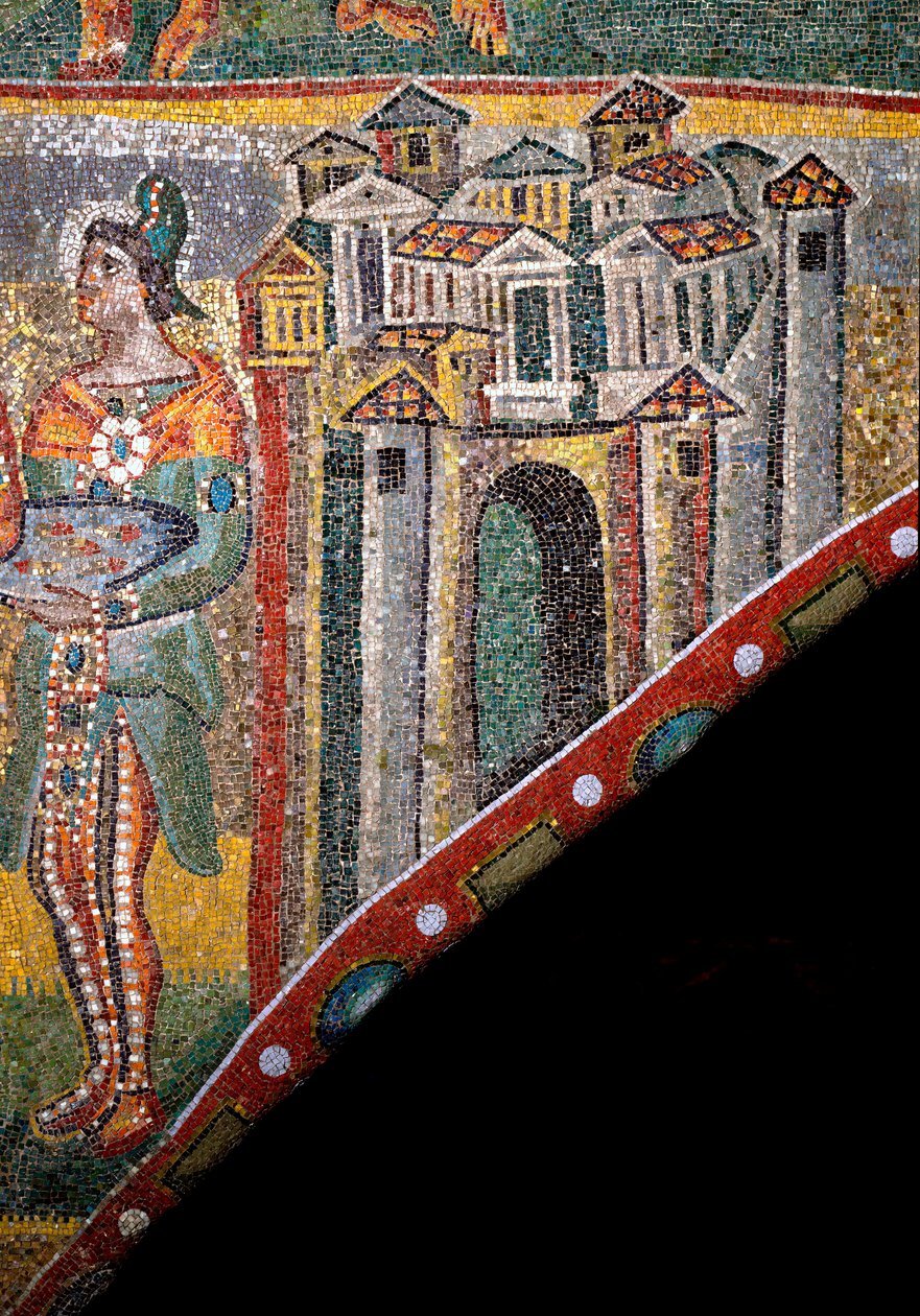 Kristillinen taide: "Magien palvonta". Yksityiskohta maisemasta. 500-luvun mosaiikki. Riemukaari, Santa Maria Maggioren basilika (Pyhä Maria Major), Rooma. tekijältä Byzantine
