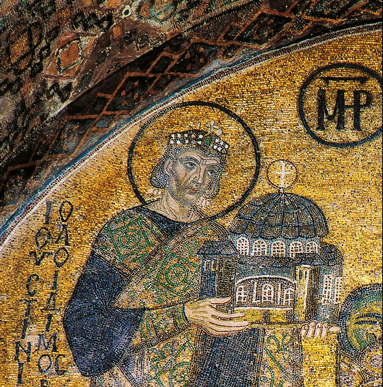 Keisari Justinianus esittelee Hagia Sofian neitsyelle ja lapselle (mosaiikki) tekijältä Byzantine