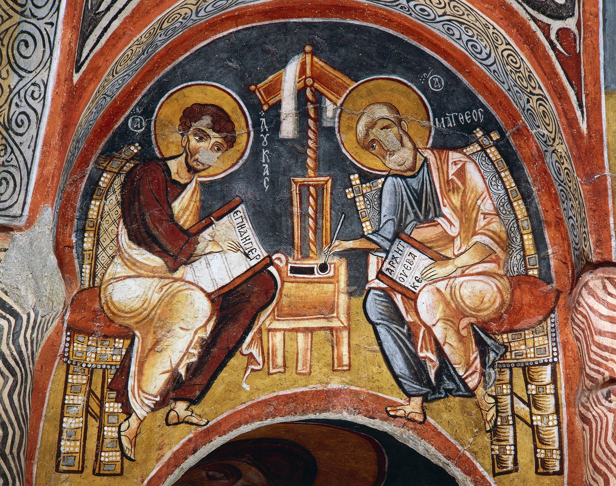 Evankelistit Markus ja Johannes kirjoittavat evankeliumia, Karanlik Kilise (Pimeä kirkko) (1100-1300-luku), Goreme (Unescon maailmanperintöluettelo) tekijältä Byzantine