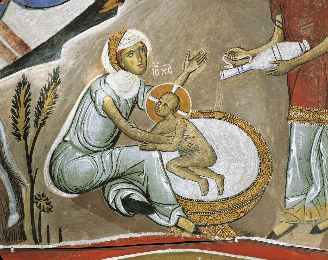 Neitsyt Marian ja Jeesuksen Kristuksen fresko, Panagia Tou Araka, Bysantti, Troodos, Kypros tekijältä Byzantine
