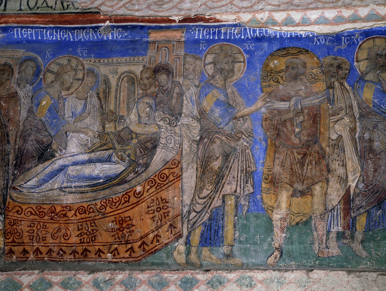 Simon Pietarin anopin ja halvaantuneen miehen paraneminen, bysanttilainen fresko (1100-luku), Tokali Kilise (solkikirkko) (1100-1300-luku), Goreme (Unescon maailmanperintöluettelo) tekijältä Byzantine