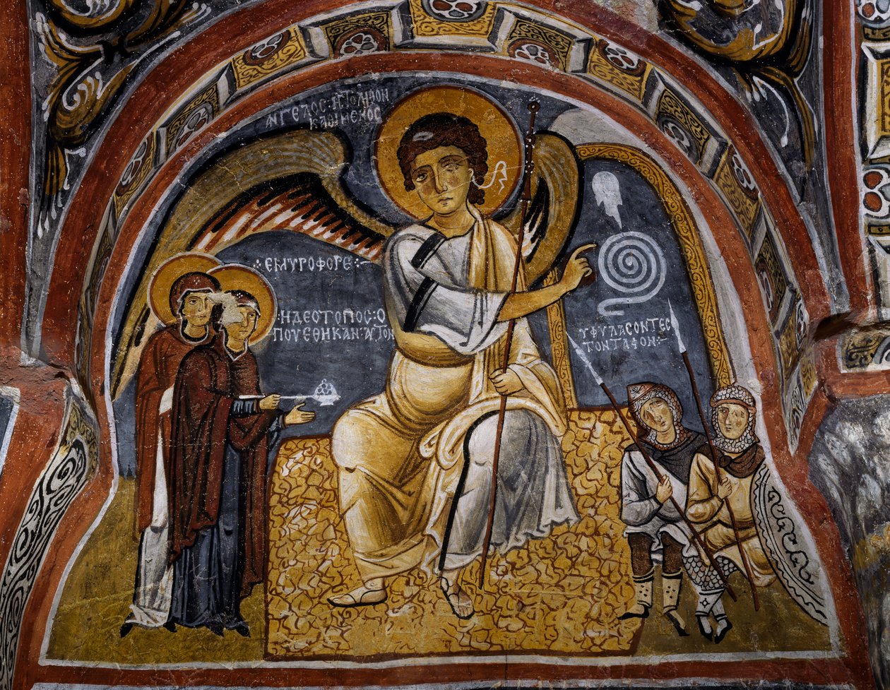 Pyhät naiset haudalla ja enkelin ulkoasu, bysanttilainen fresko (1100-luku), Karanlik Kilise (pimeä kirkko) (1100-1300-luku), Goreme (Unescon maailmanperintöluettelo) tekijältä Byzantine