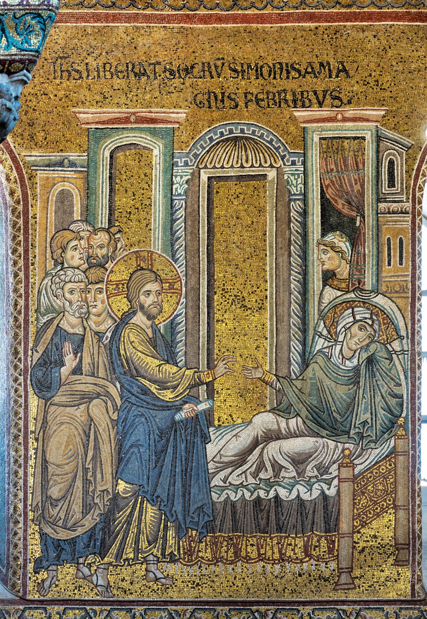Jeesus parantaa Simonin anopin kuumeesta, Bysantin mosaiikki, Jaksot Kristuksen elämästä, XII-XIII vuosisataa (mosaiikki) tekijältä Byzantine