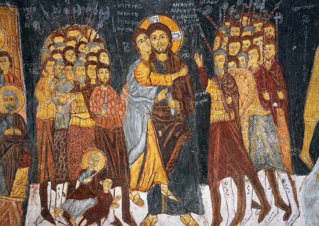 Juudaksen suudelma, bysanttilainen fresko (1212), Gulsehir Karsi Kilise (Johanneksen kirkko), Goreme (Unescon maailmanperintöluettelo) tekijältä Byzantine