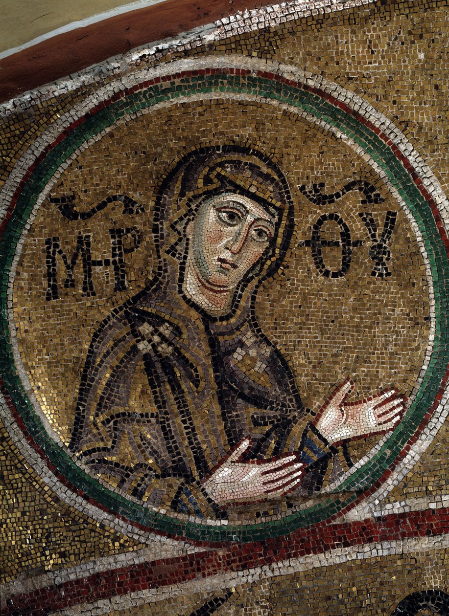 Neitsyt Oranta (ortodoksinen kristitty kuva Neitsyt Mariasta, rukoilee käsivarret ojennetulla) (The Virgin Orans). Bysantin mestarin mosaiikki, noin 1037-1050, vanha venäläinen taide. Pyhän Sofian katedraalin kuoron holvi Kiovassa (Ukraina). tekijältä Byzantine
