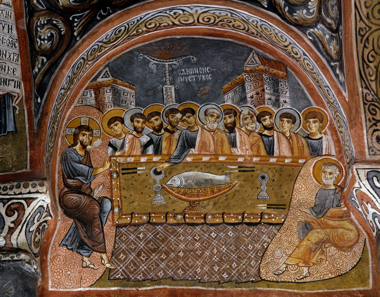 Viimeinen ehtoollinen, bysanttilainen fresko (1100-luku), Karanlik Kilise (pimeä kirkko) (1100-1200-luku), Goreme (Unescon maailmanperintöluettelo) tekijältä Byzantine
