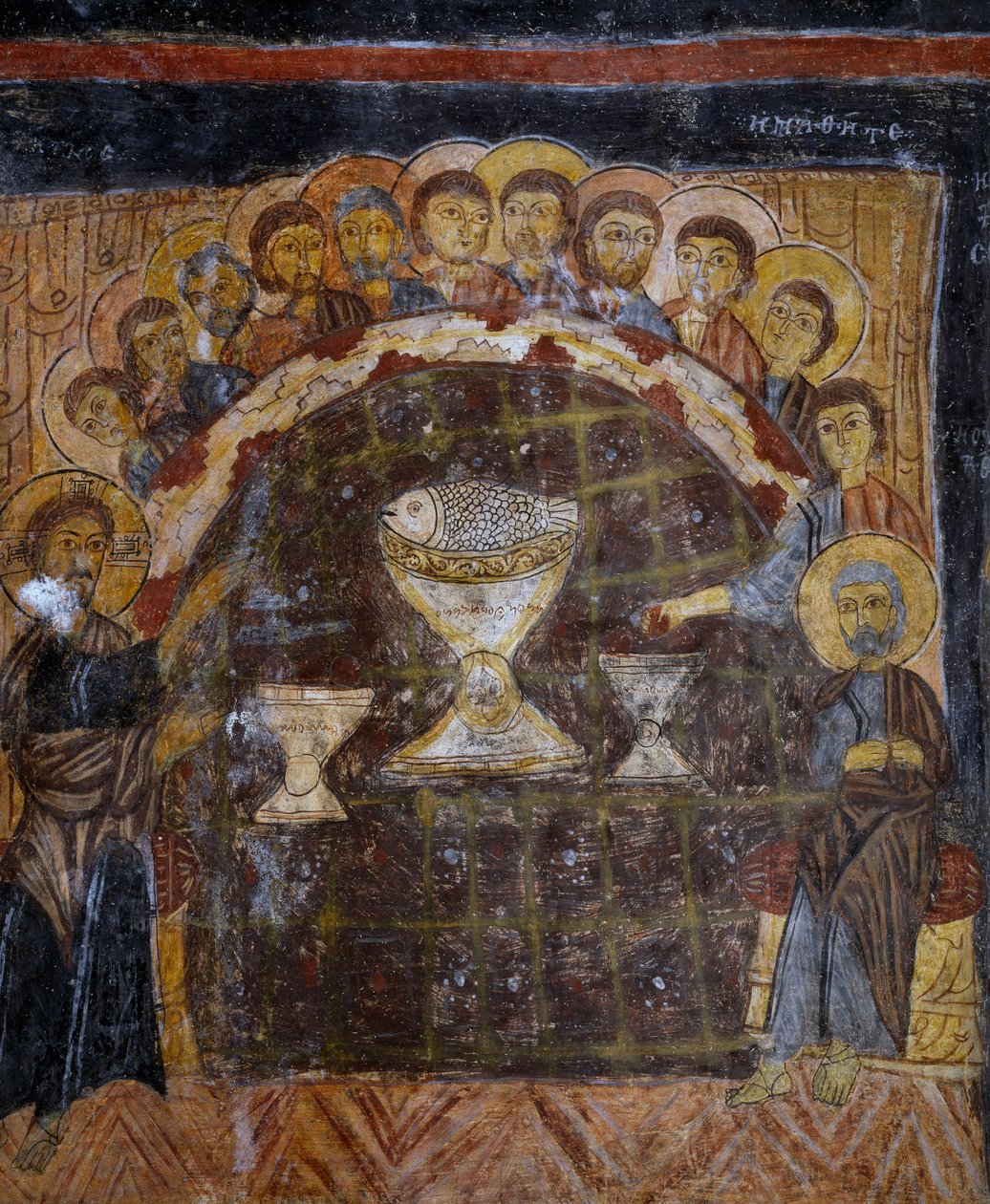 Viimeinen ehtoollinen, bysanttilainen fresko (1200-luku), Gulsehir Karsi Kilise (Johanneksen kirkko), Goreme (Unescon maailmanperintöluettelo) tekijältä Byzantine