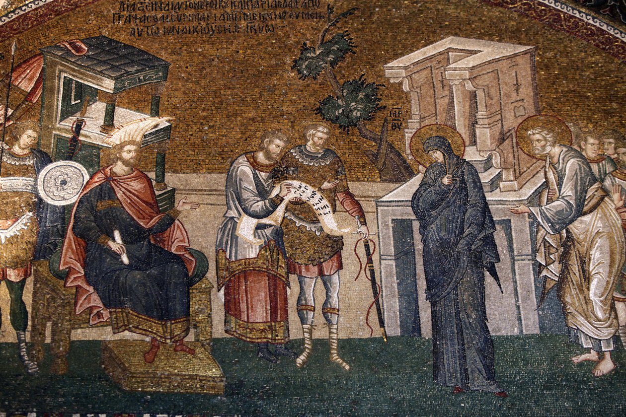 Maria & Joseph ennen Cyremiuksen ilmoittautumista verotukseen vartijan, kirjurin ja upseerin kanssa, n. 1300-luku (mosaiikki) tekijältä Byzantine