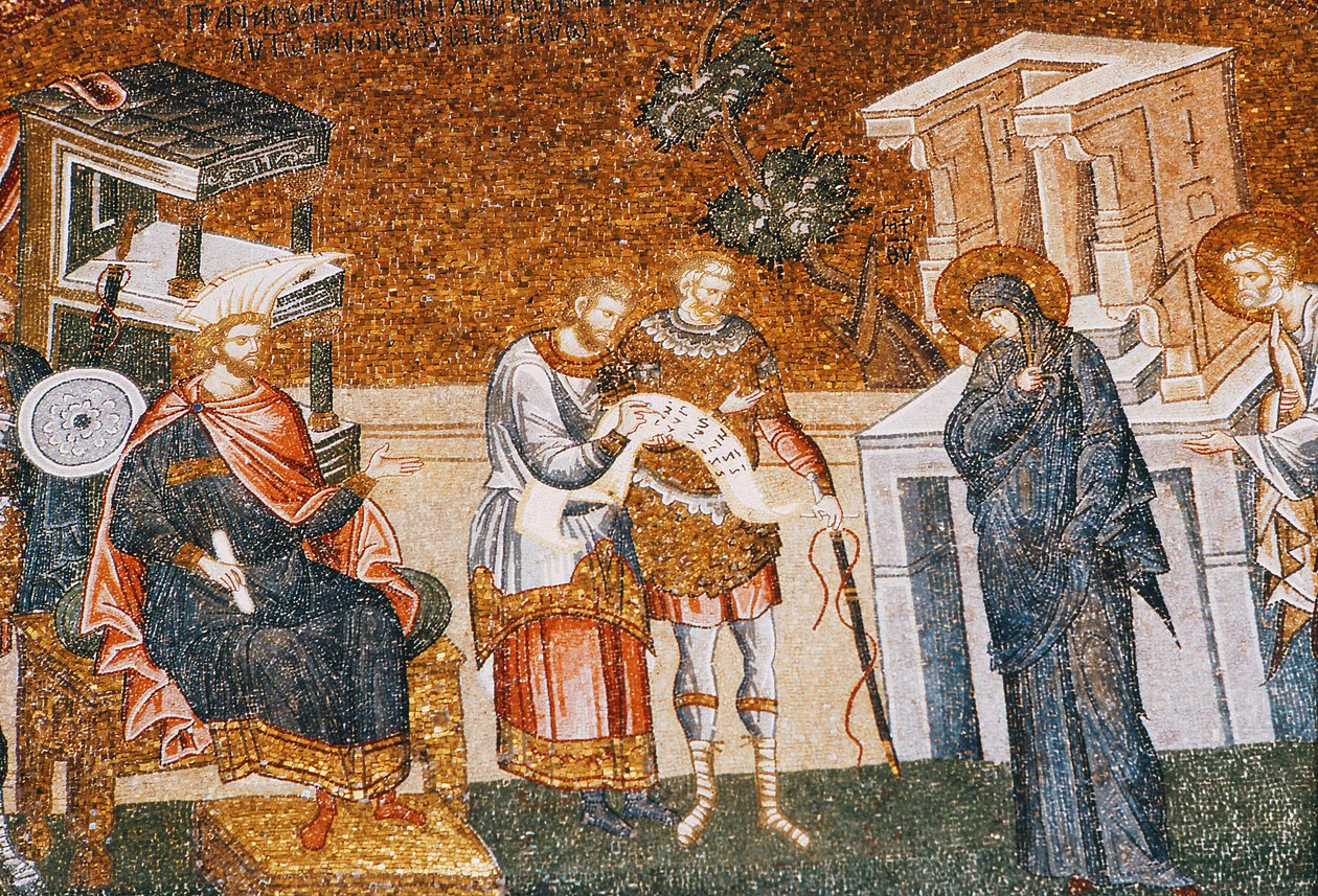 Maria & Joseph ennen Cyremiuksen ilmoittautumista verotukseen, vartijan, kirjurin ja upseerin kanssa, n. 1300-luku (mosaiikki) (yksityiskohta vuodelta 119636) tekijältä Byzantine