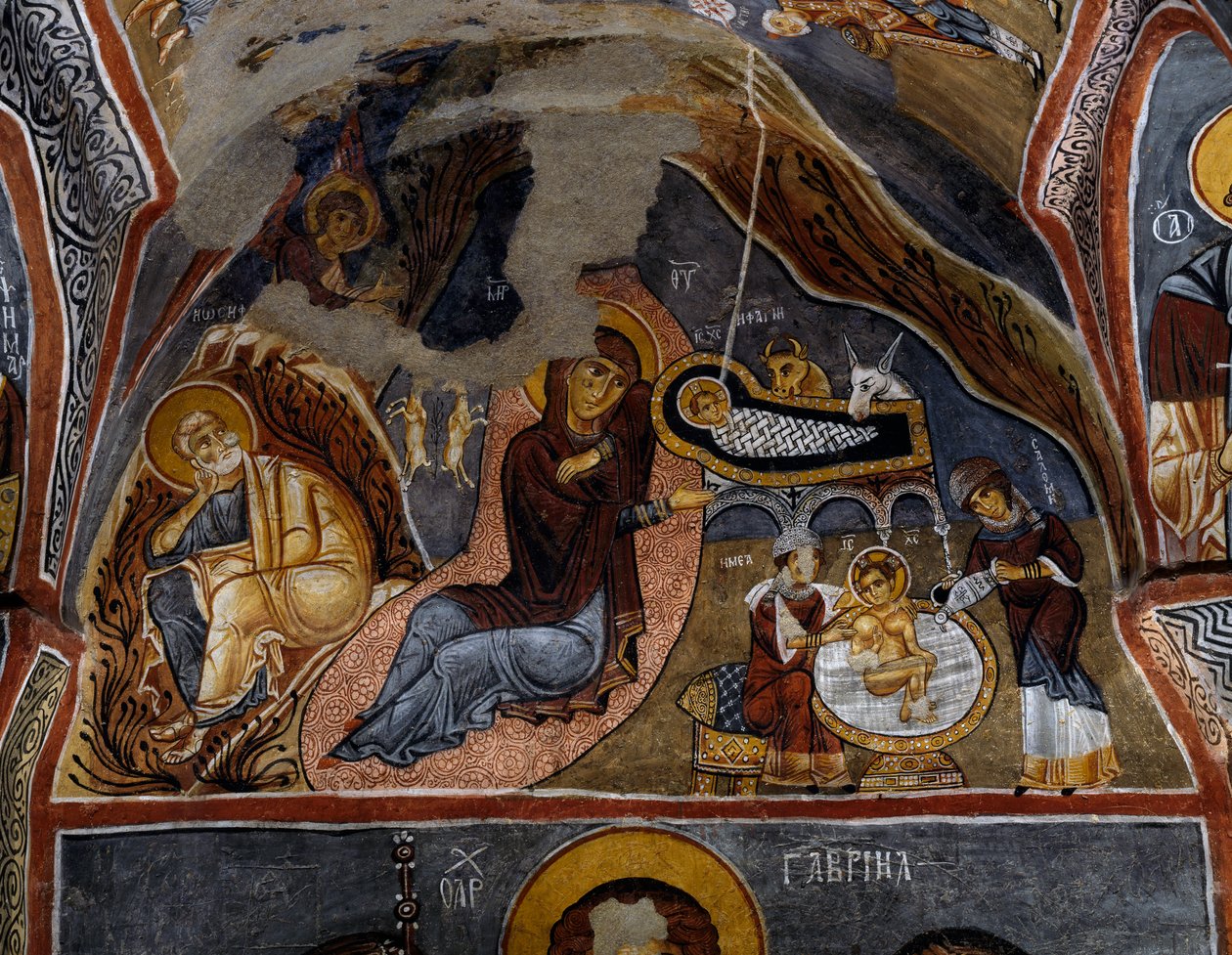 Syntymä, bysanttilainen fresko (1100-luku), Karanlik Kilise (pimeä kirkko) (1100-1200-luku), Goreme (Unescon maailmanperintöluettelo) tekijältä Byzantine