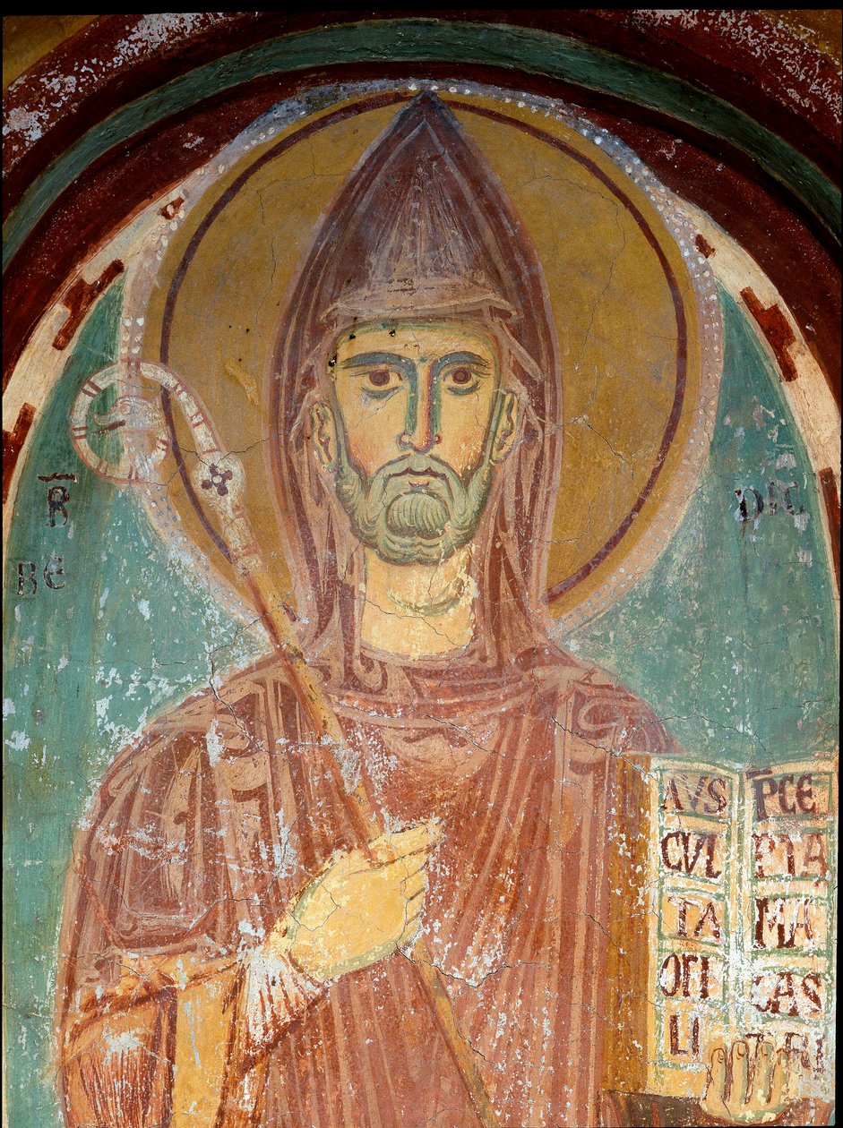 Pyhän Benedictus Nursielaisen esitys (6. vuosisata) Yksityiskohta bysanttilaisen koulukunnan freskosta. 1300-luvun alku. Pyhän Benoitin luostari (Sacro Speco), Pyhän Gregoire a Subiacon kappeli (Rooma), Italia tekijältä Byzantine