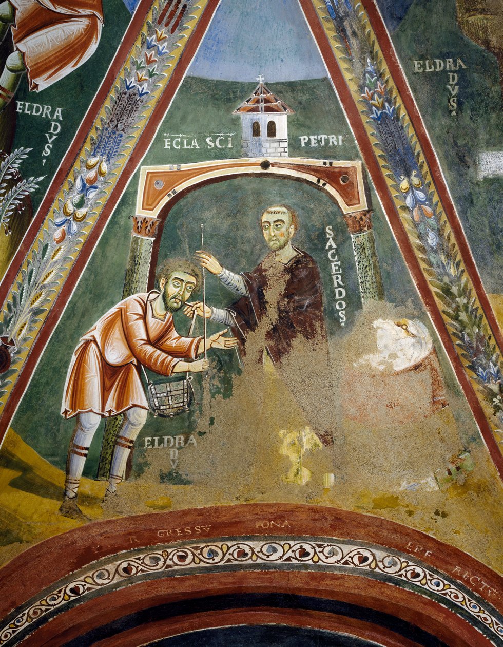 Saint Eldrad lähdössä Santiago de Compostelaan, yksityiskohta Saint Eldradin tarinoista, romaaninen fresko, bysanttilainen tyyli, 1000-luvun loppu, Pyhän Eldradin ja Pyhän Nikolauksen kappeli, Novalesan luostari, Piemonte, Italia tekijältä Byzantine