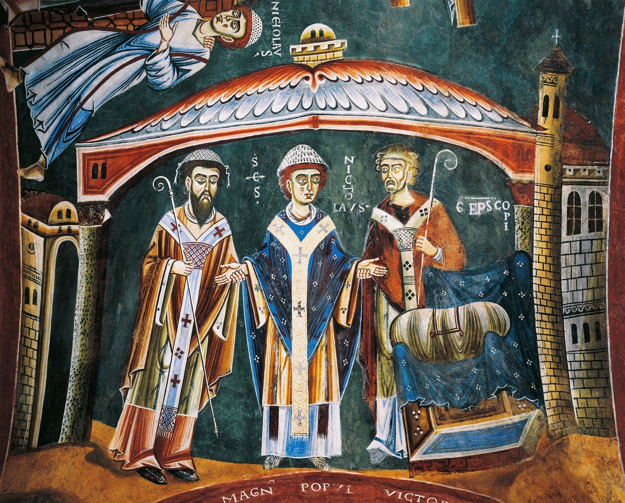 Pyhä Nikolaus Myran piispaksi vihitty, yksityiskohta Pyhän Nikolauksen tarinoista, romaaninen fresko, bysanttilaista tyyliä, 1100-luvun loppupuoli, Pyhän Eldradin ja Pyhän Nikolauksen kappeli, Novalesan luostari, Piemonte, Italia. tekijältä Byzantine