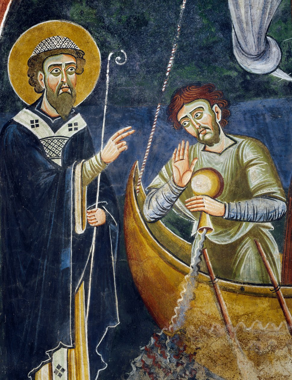 Pyhä Nikolaus pelastamassa pyhiinvaeltajia haaksirikolta, yksityiskohta Pyhän Nikolauksen tarinoista, romaaninen fresko, bysanttilaista tyyliä, 1100-luvun loppupuoli, Pyhän Eldradin ja Pyhän Nikolauksen kappeli, Novalesan luostari, Piemonte, Italia. tekijältä Byzantine