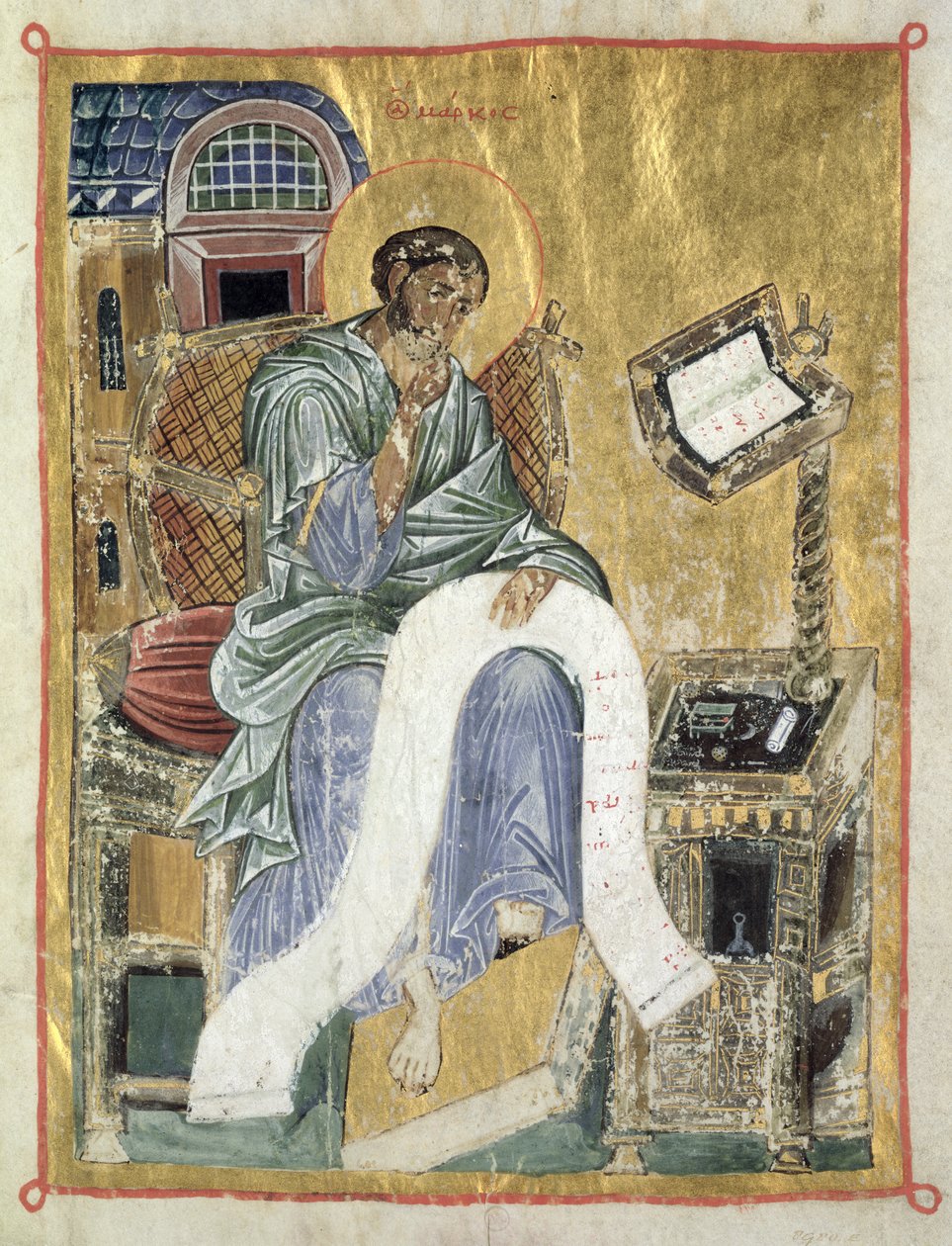 Markuksen evankeliumin kirjoittaminen (lehti psalttarista) (pergamentti) tekijältä Byzantine