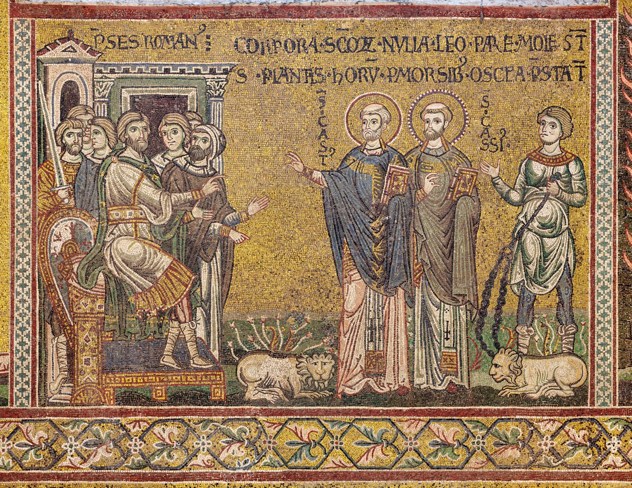 Pyhä Cassius ja St Casto ennen keisaria, bysanttilainen mosaiikki, XII-XIII vuosisata, vastajulkisivulla (mosaiikki) tekijältä Byzantine