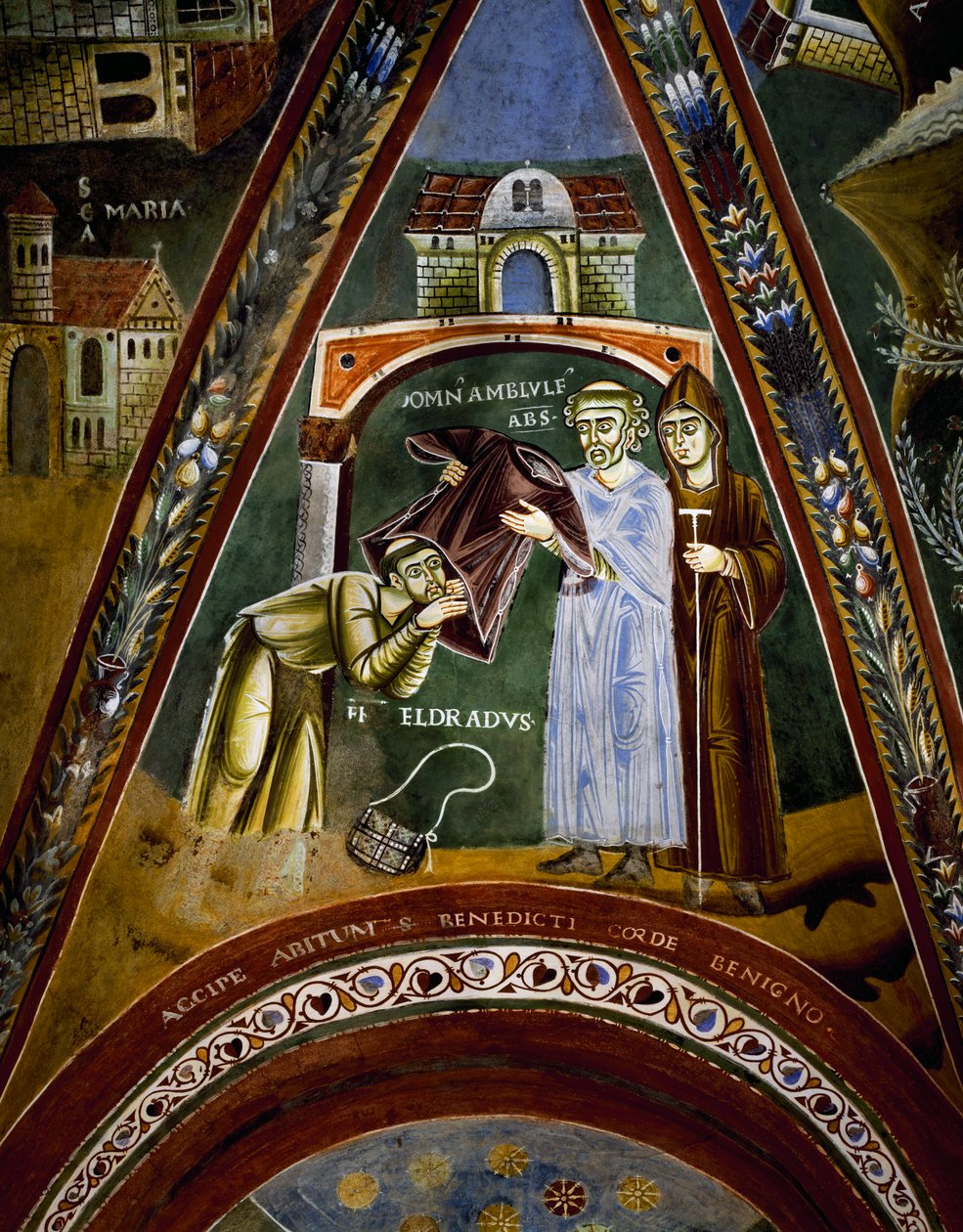 Pyhä Nikolai, tarinoita Pyhän Eldradin ja Pyhän Nikolauksen elämästä, St Eldrado kääntyi kohti Pyhää Jaakobia Compostelalaista: luostaritottumus Novalesan apottilta, yksityiskohta tekijältä Byzantine