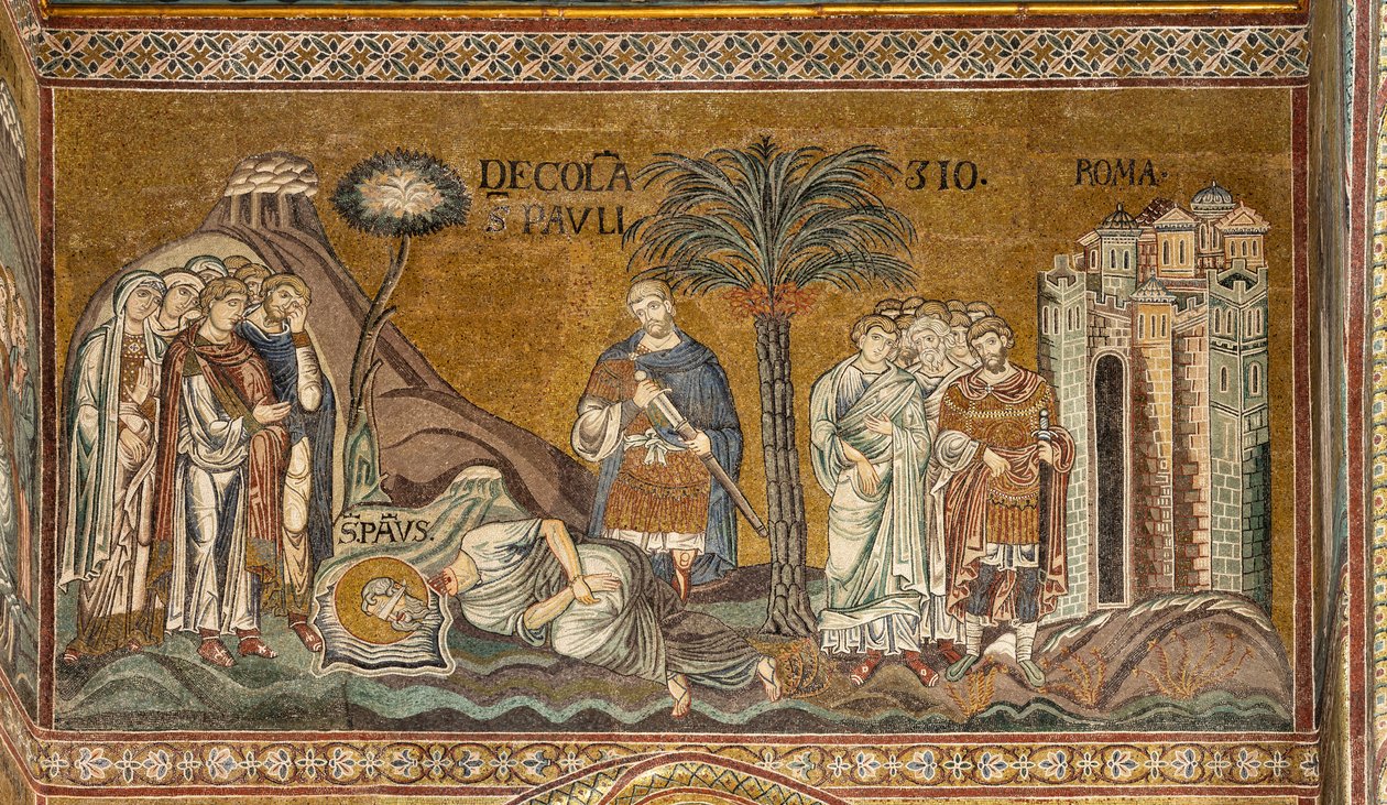 Pyhän Paavalin mestaus Roomassa, bysanttilainen mosaiikki, XII-XIII vuosisatoja pohjoisessa poikkiristeyksessä (mosaiikki) tekijältä Byzantine