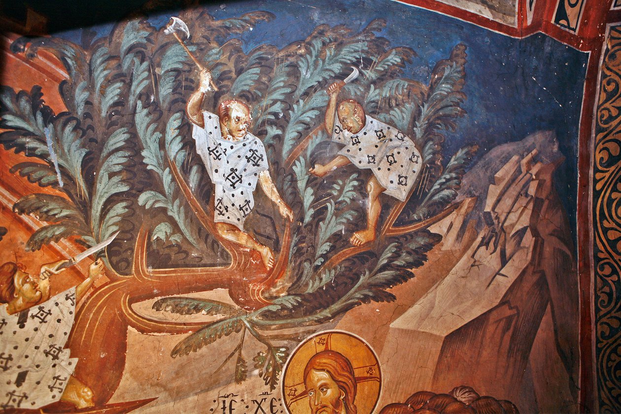 Kristuksen tulo Jerusalemiin. Yksityiskohta: Lapset leikkaamassa palmujen oksia - Peinture de Damiane (aktiivinen 1300-luku) - 1300-luku - Fresko - Pyhän Yrjön luostari, Ubisi ©FineArtImages/Leemage tekijältä Byzantine