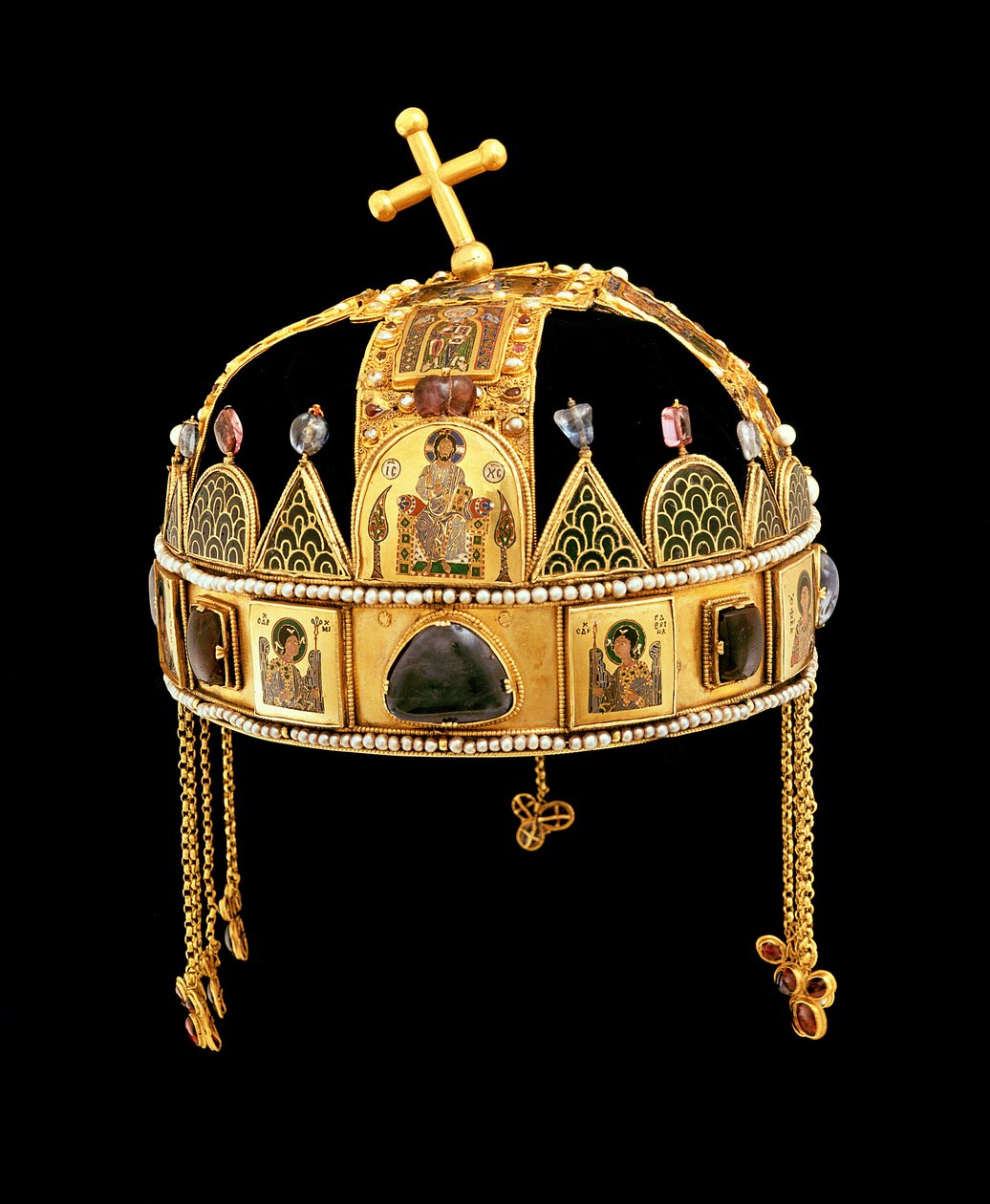 Unkarin pyhä kruunu, 1000-1200 (kulta emalilla, helmillä ja puolijalokiveillä) tekijältä Byzantine