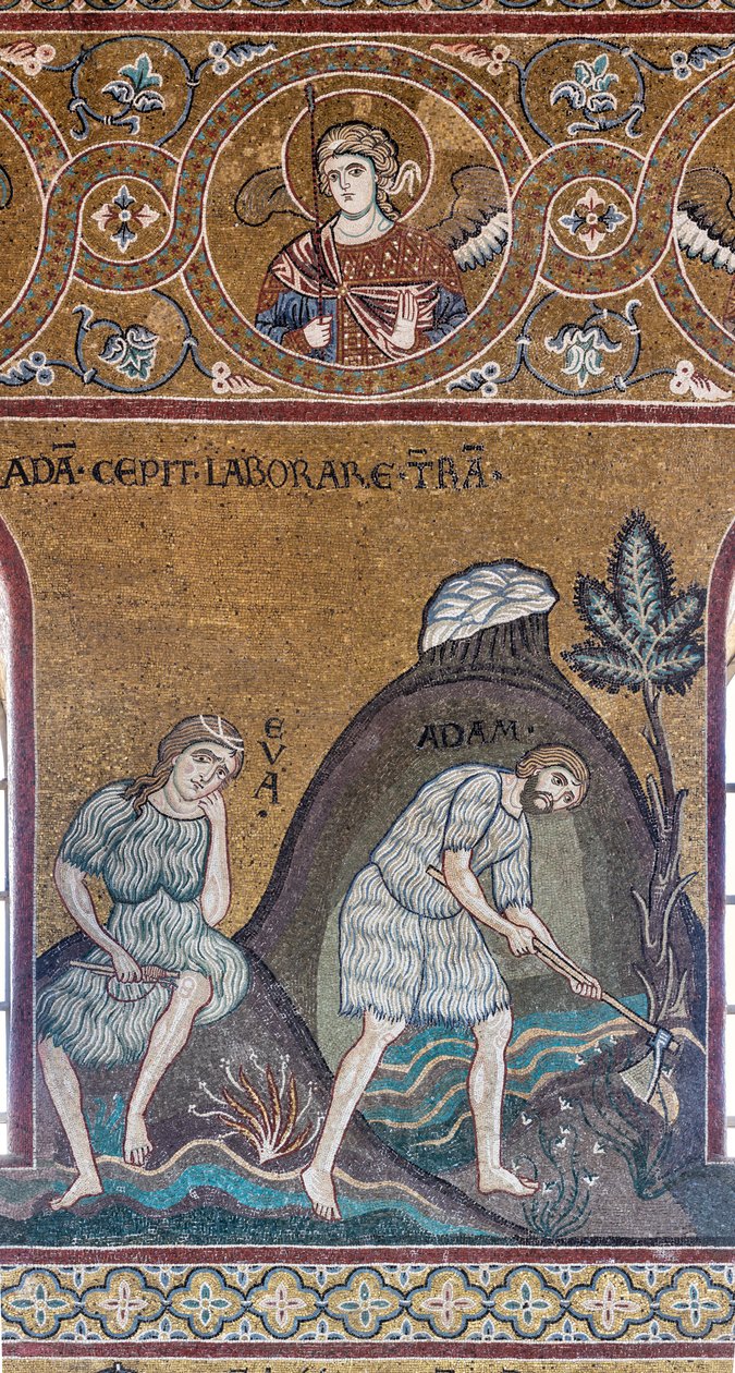 Aadamin ja Eevan työ ja työ, Bysantin mosaiikki, Vanhan testamentin kiertokulku - Maan paratiisi, XII-XIII vuosisata (mosaiikki) tekijältä Byzantine