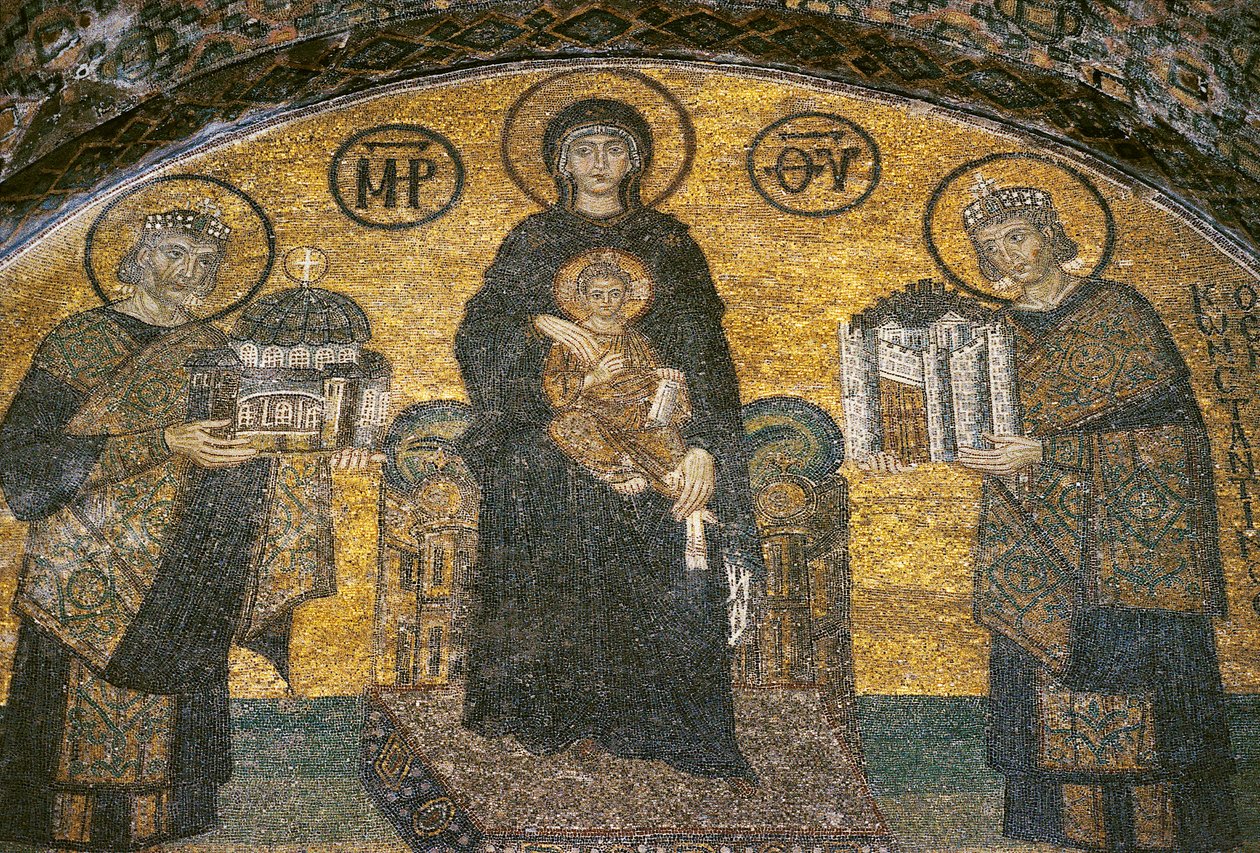 Neitsyt ja lapsi keisarien Justinianuksen ja Konstantinuksen välillä Hagia Sofiassa (mosaiikki) tekijältä Byzantine