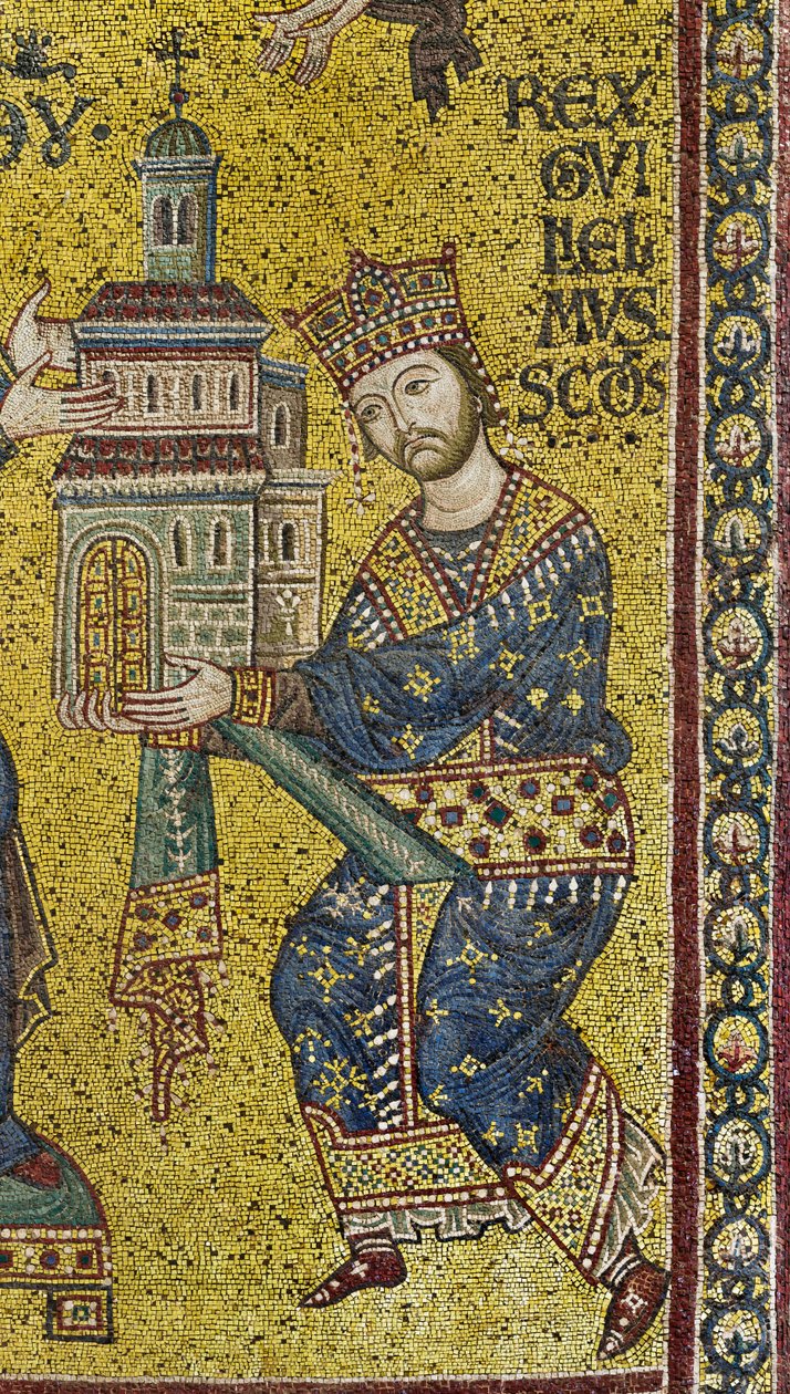 risteys: Bysanttilainen mosaiikki, joka kuvaa kuningas Vilhelm II:ta tarjoamassa katedraalia Neitsyt Marialle, yksityiskohta (mosaiikki) tekijältä Byzantine