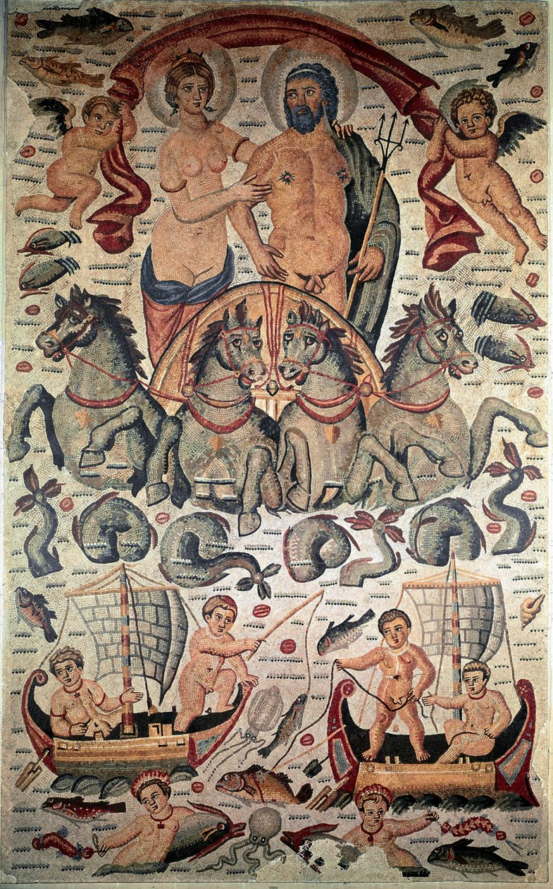 Bysantin taide: Neptunuksen ja amfitriitin voitto. Neptunus ja Amphitrite alasti neljän merihevosen ampumassa panssarivaunussa. 3. vuosisadan mosaiikki. Mitat: 3,1x1,96m. Louvre-museo, Pariisi tekijältä Byzantine Byzantine