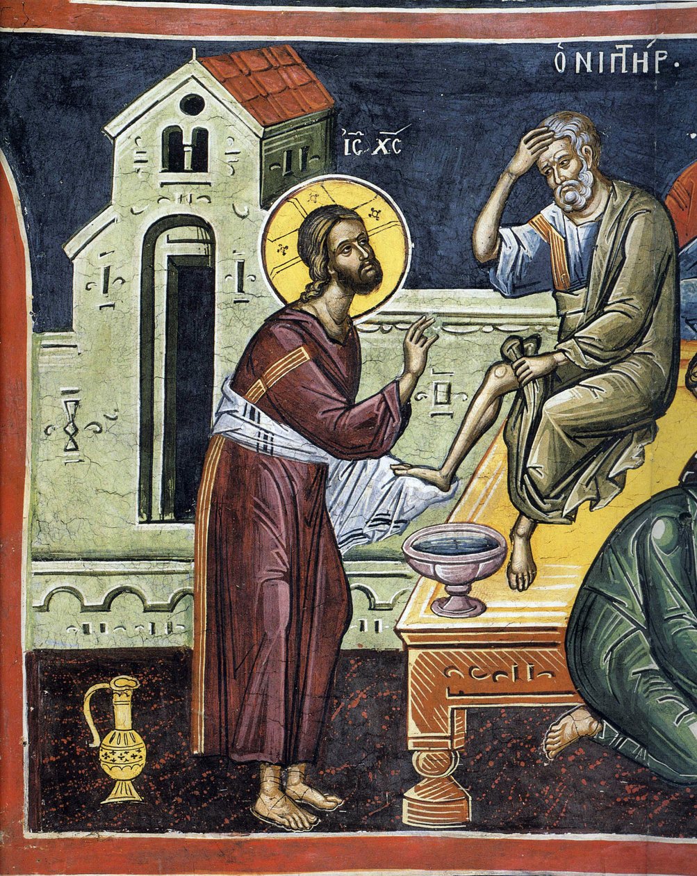 Kristus pesee apostolien jalkoja - Bysantin mestari - 1500-luku - Fresko - Dionysioun luostari, Athos-vuori tekijältä Byzantine Byzantine