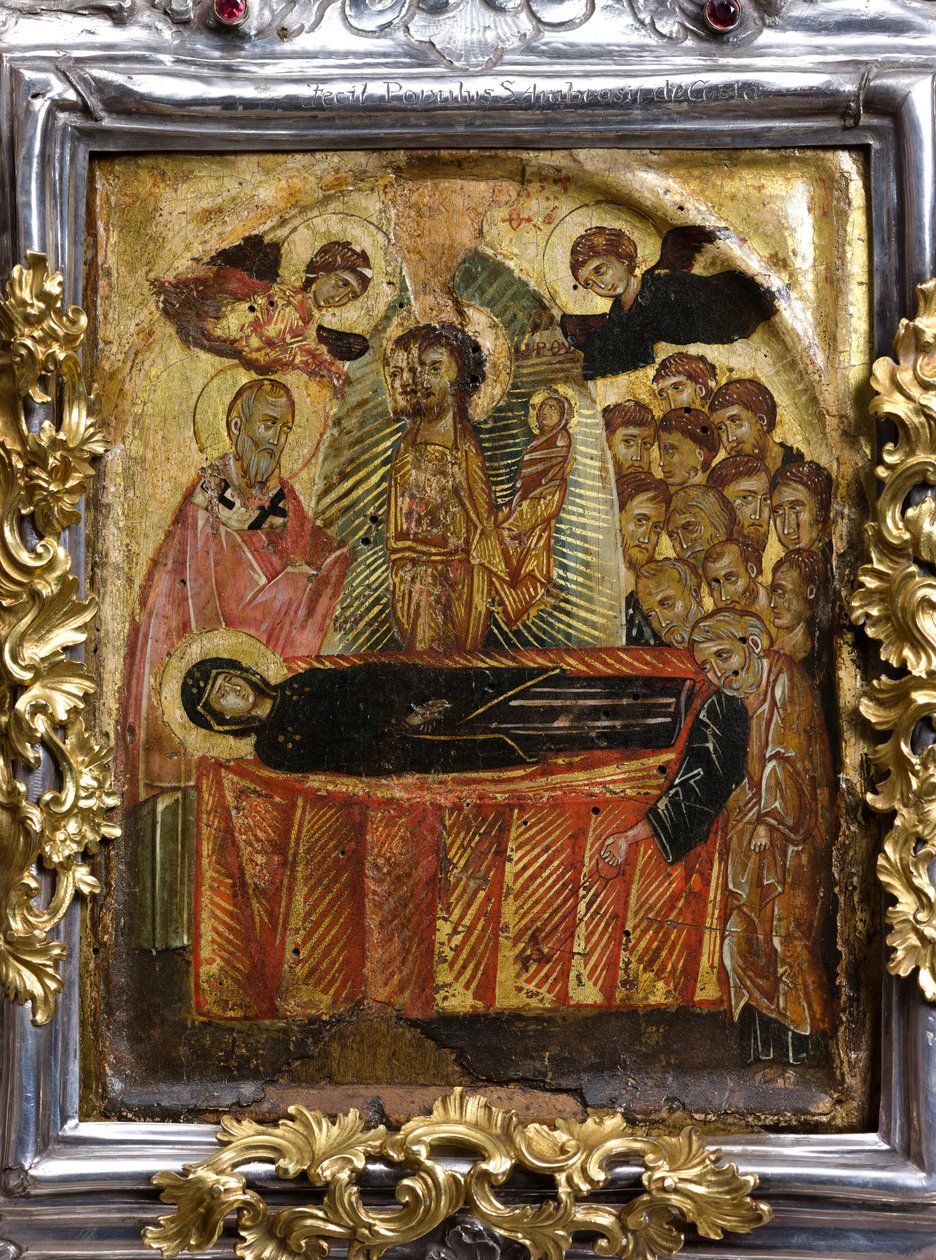 Kreikkalais-bysanttilainen Neitsyt Marian taivaaseenastumisen tai Neitsyt Marian nukkumisen kuva, ennen 1100-lukua (maalaus poppelipuulle). tekijältä Byzantine Byzantine