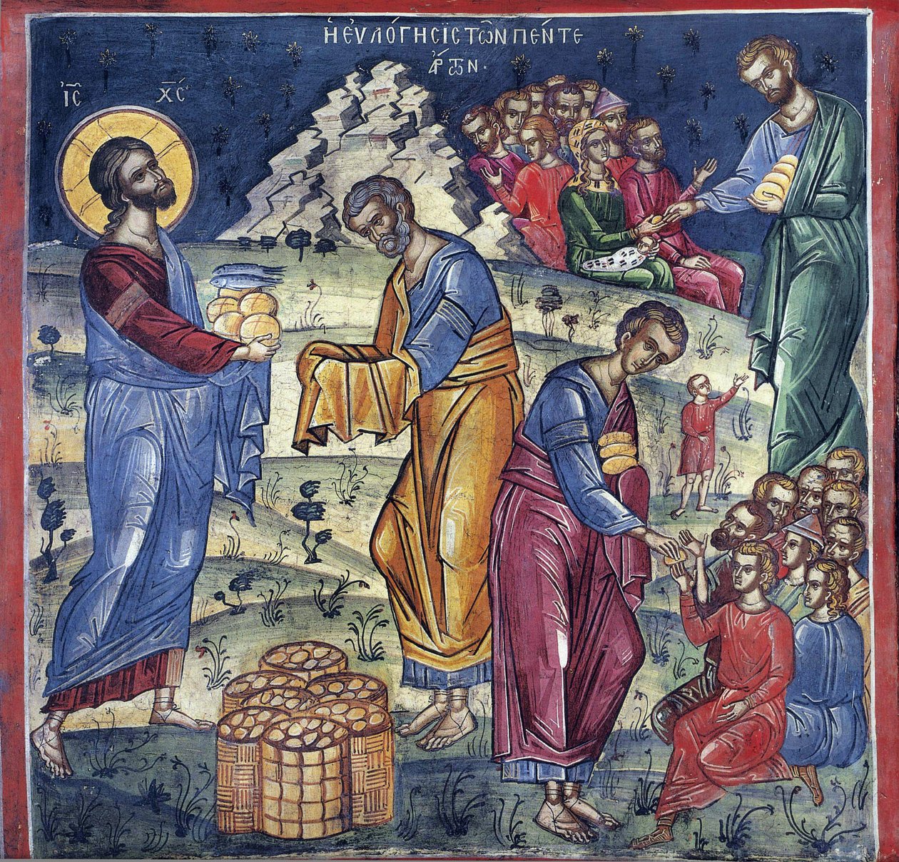 La multiplication des pains - Viiden leivän ja kahden kalan ihme - Bysantin mestari - 1500-luku - Fresko - Dionysioun luostari, Athos-vuori tekijältä Byzantine Byzantine