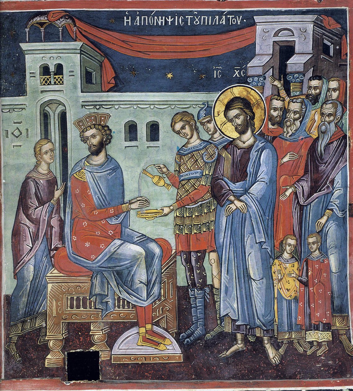 Ponce Pilate se lavant les mains - Pilatus pesee kätensä - Bysantin mestari - 1500-luku - Fresko - Dionysioun luostari, Athos-vuori tekijältä Byzantine Byzantine