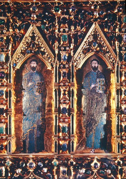 Pala dOro, yksityiskohta, joka kuvaa kahta apostolia (kulta ja emali upotettu jalokivillä) tekijältä Byzantine Byzantine